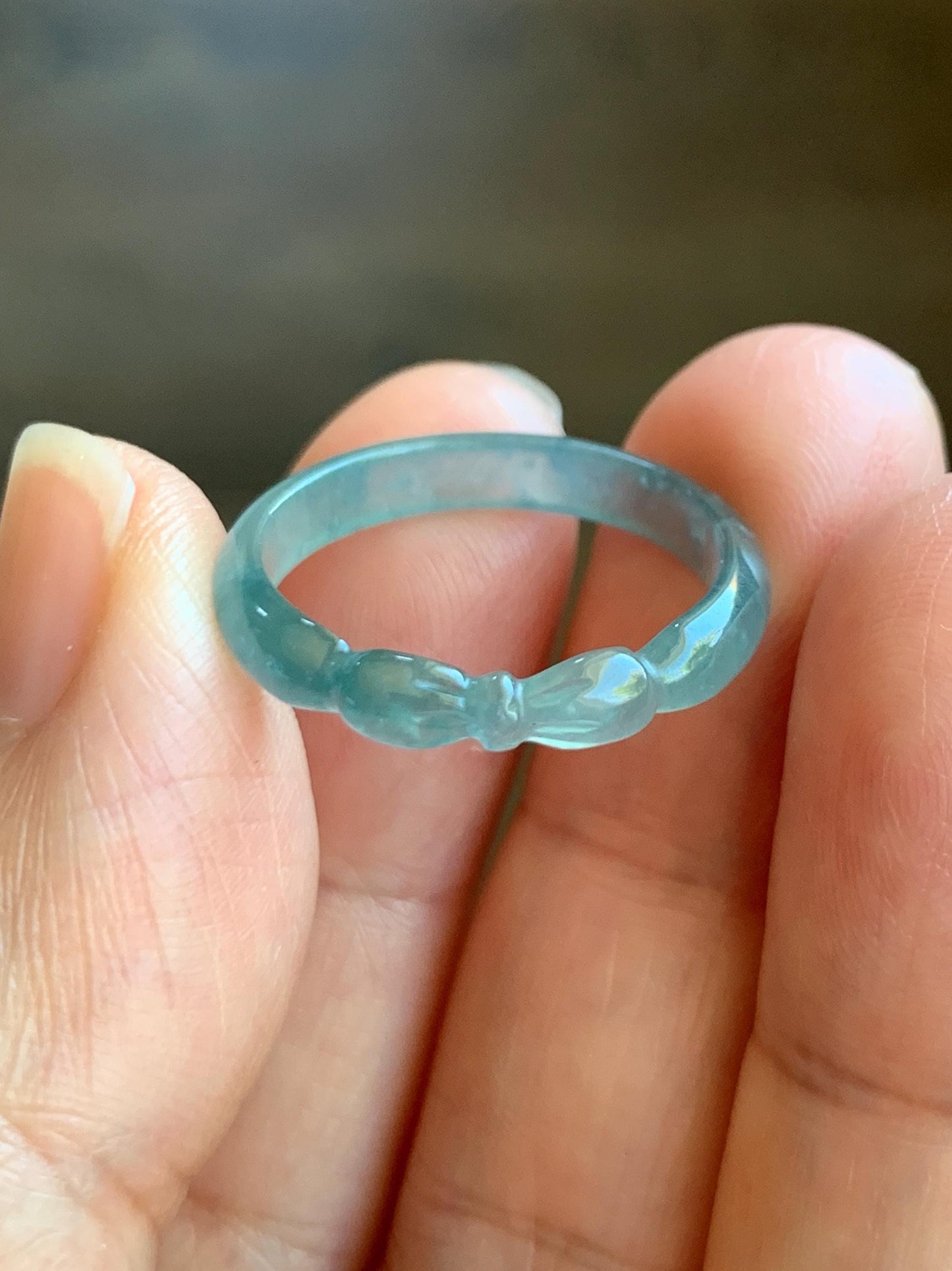 Natural Grade A Guatemalan Icy Highly Translucent Teal Blue Jade Jadeite Carved Bow Band Ring Size 7.75 US 天然冰危起光蓝绿翡翠蝴蝶结戒圈 WHD55E