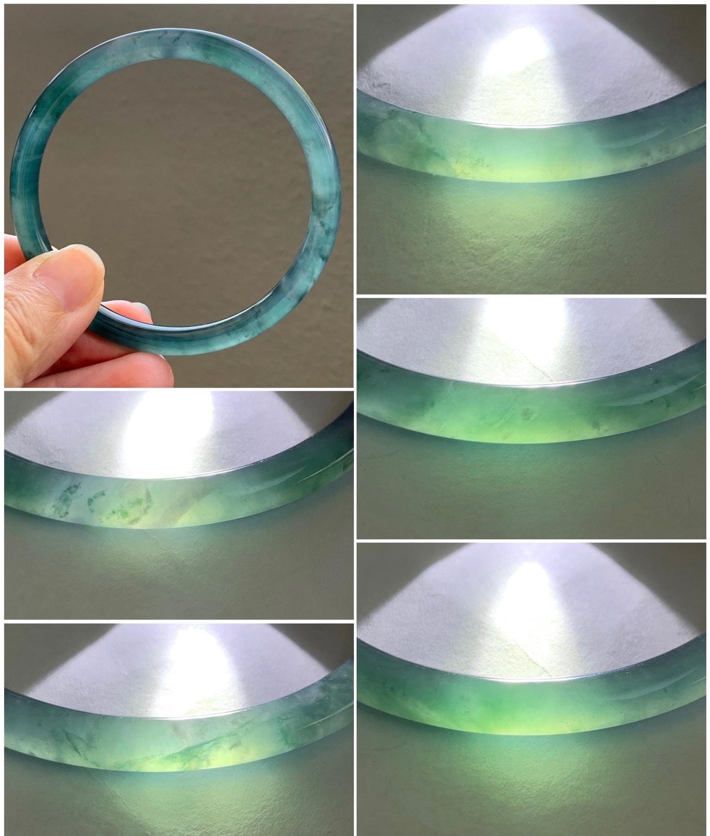 Certified Natural Grade A Guatemalan Icy Highly Translucent Dark Teal Blue Marbled Jade Jadeite Bangle 58.38mm 7.2” 天然冰胶危深蓝飘花翡翠细圆条手镯 8787