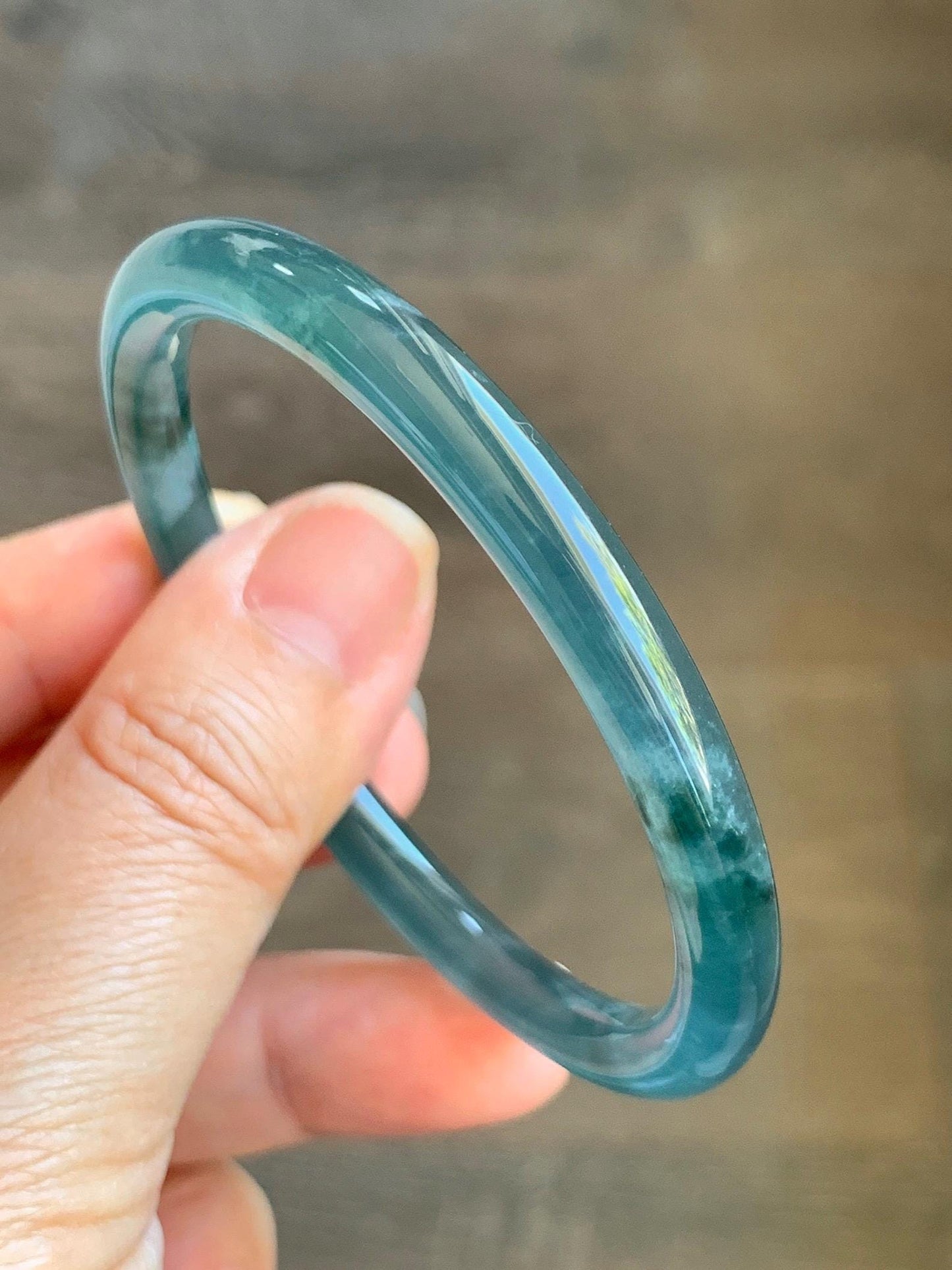 Certified Natural Grade A Guatemalan Icy Highly Translucent Dark Teal Blue Marbled Jade Jadeite Bangle 54.63mm 6.75” 天然冰胶危深蓝飘花翡翠细圆条手镯 8786