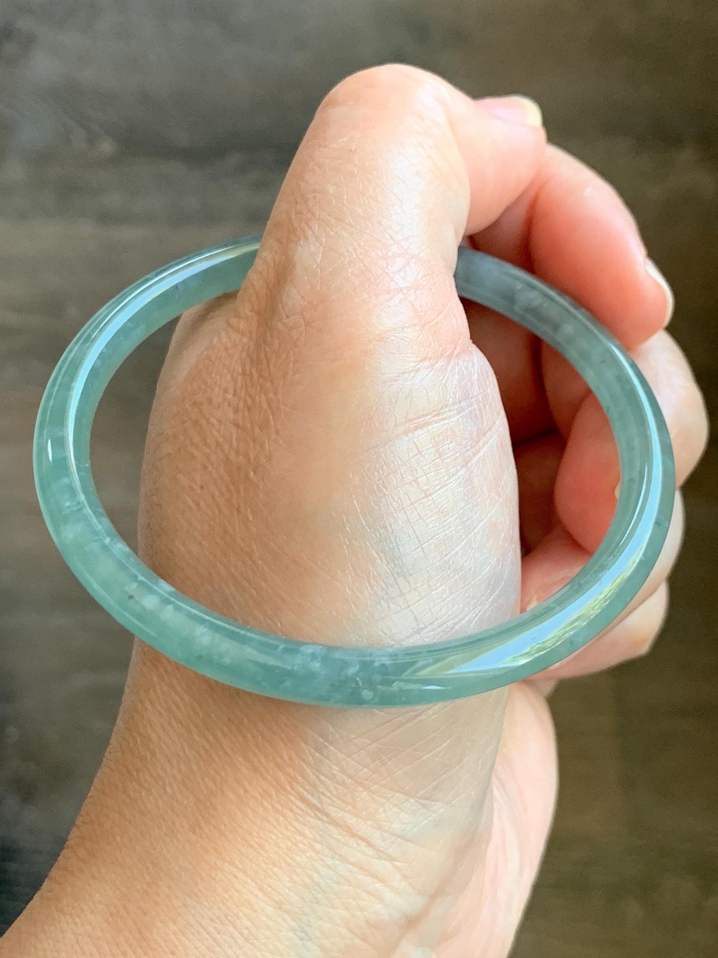 Certified Natural Grade A Guatemalan Icy Highly Translucent Light Green Jade Jadeite Slim Bangle 59.7mm 7.38” 19.94g 天然冰胶危晴绿翡翠细圆条手镯 8818