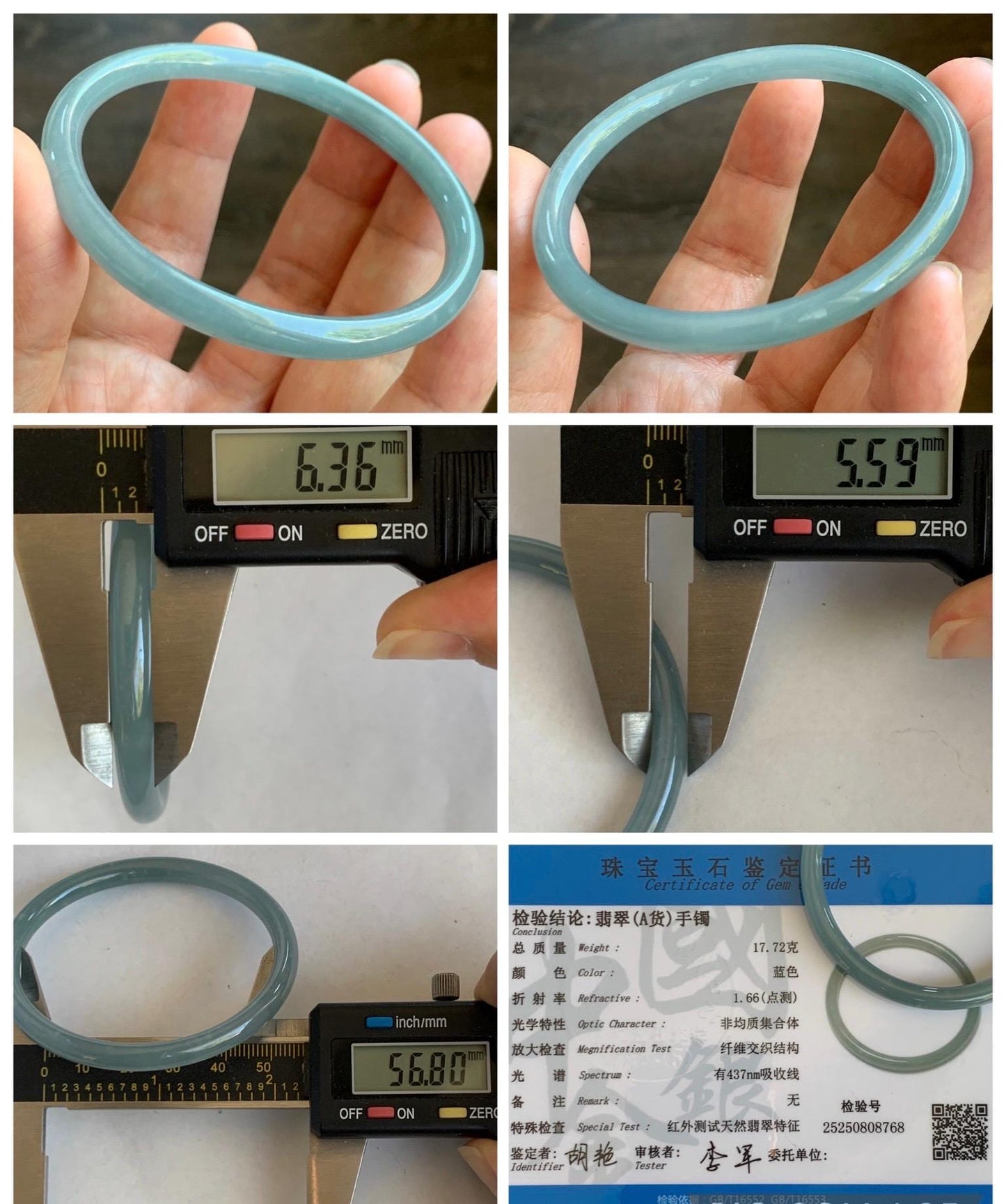 Certified Natural Grade A Guatemalan Icy Translucent Light Dusty Blue Jade Jadeite Bangle Bracelet 56.8mm 7" 17.72g 天然危蓝糯冰浅蓝翡翠圆条手镯 8768