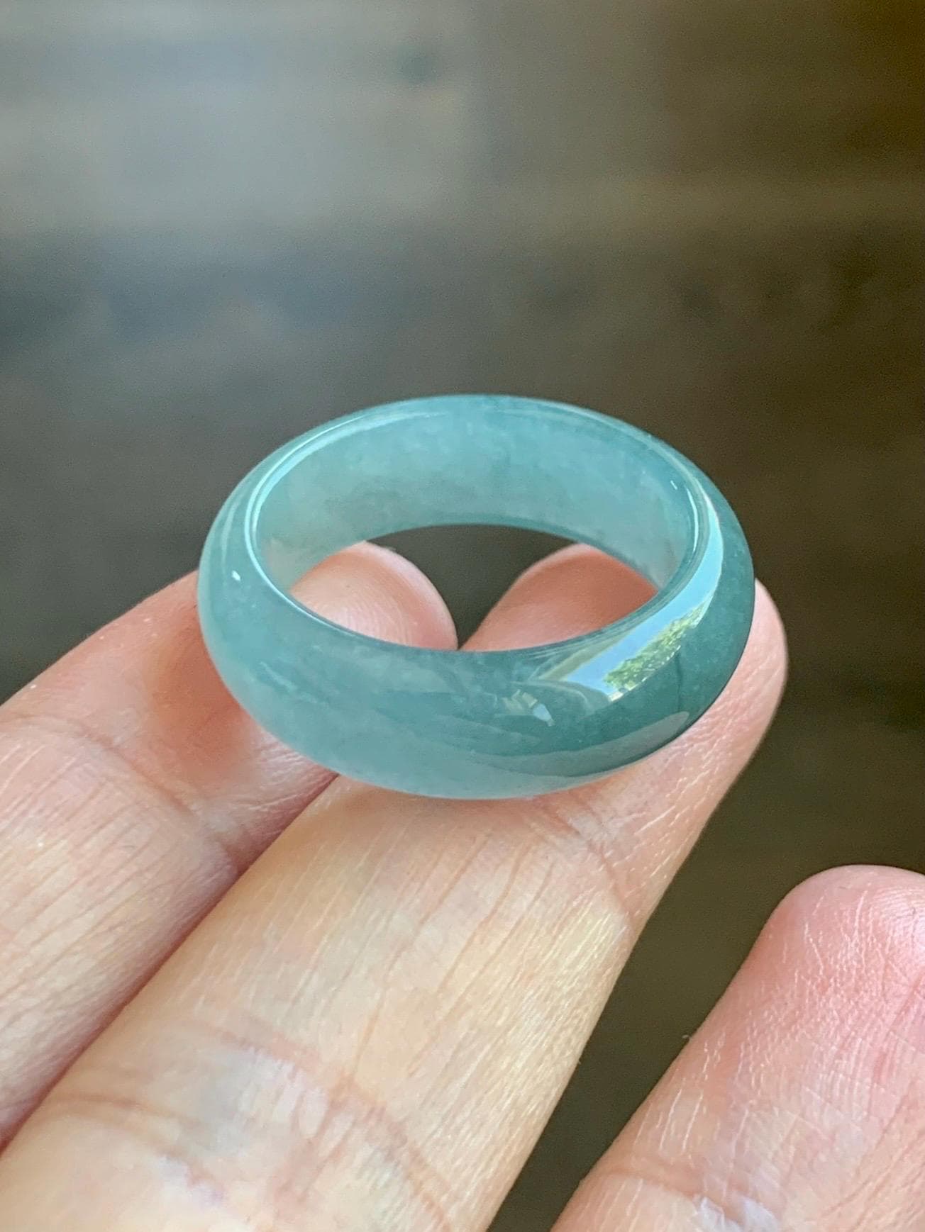 Natural Grade A Guatemalan Icy Translucent Dusty Teal Blue Jade Jadeite Wide Band Ring Size 9 US 天然冰危蓝绿翡翠戒圈 KWJ55A