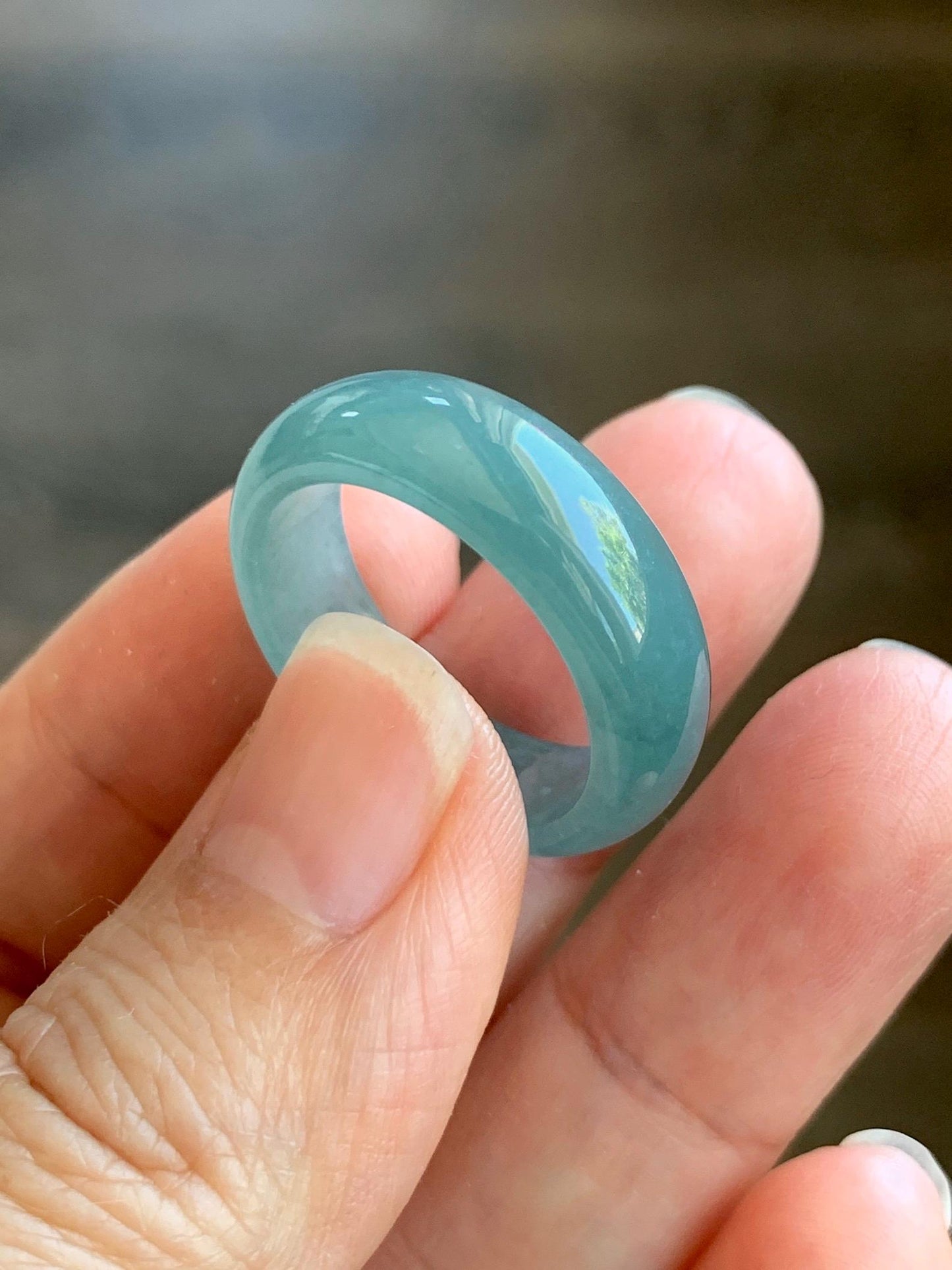 Natural Grade A Guatemalan Icy Translucent Dusty Teal Blue Jade Jadeite Wide Band Ring Size 9 US 天然冰危蓝绿翡翠戒圈 KWJ55A