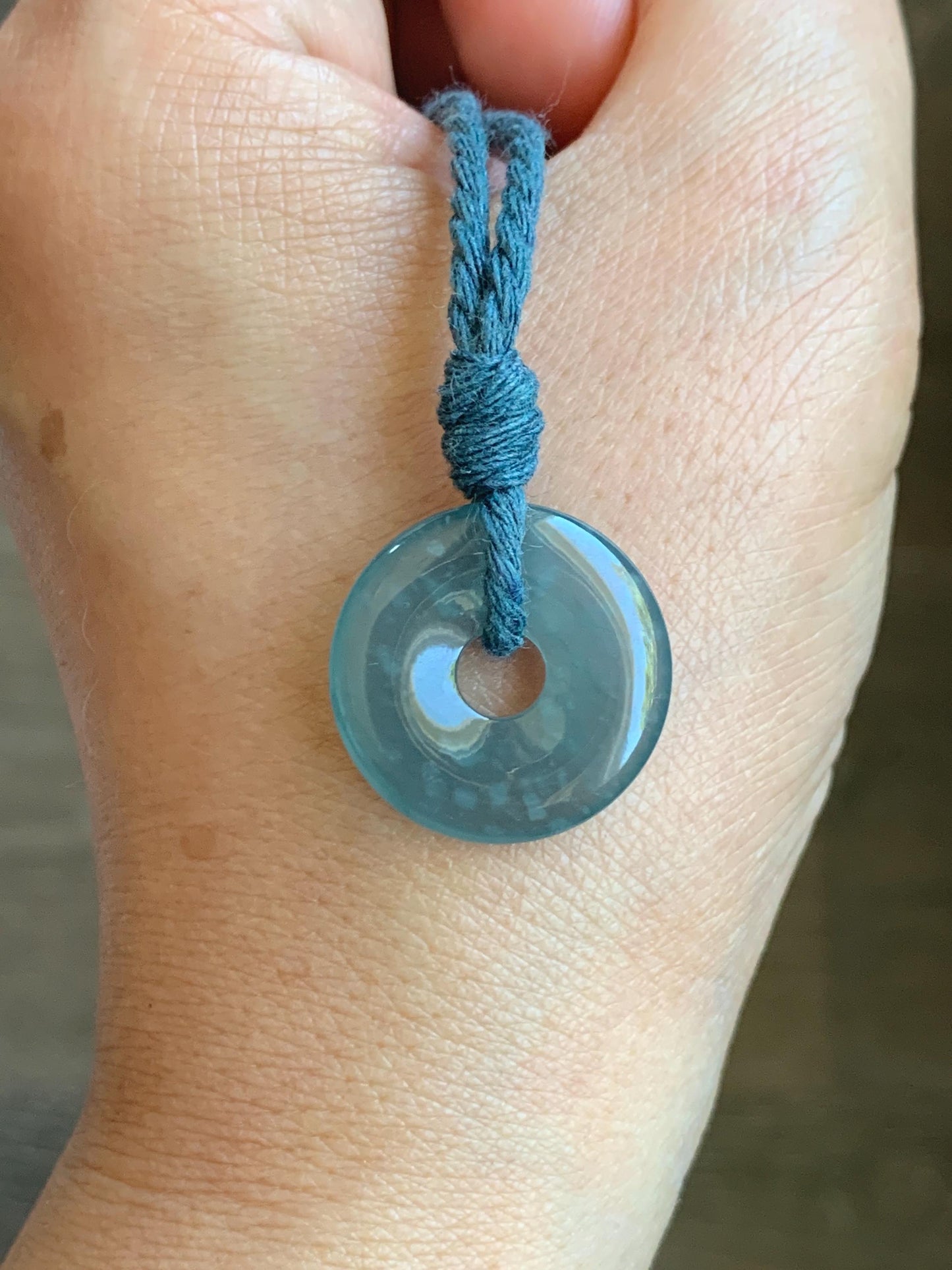 Natural Grade A Guatemalan Icy Translucent Teal Blue Jade Jadeite Ping An Kou Donut Petite Pendant Rope Necklace 25” 天然冰危浅蓝翡翠平安扣吊坠 WXK55N