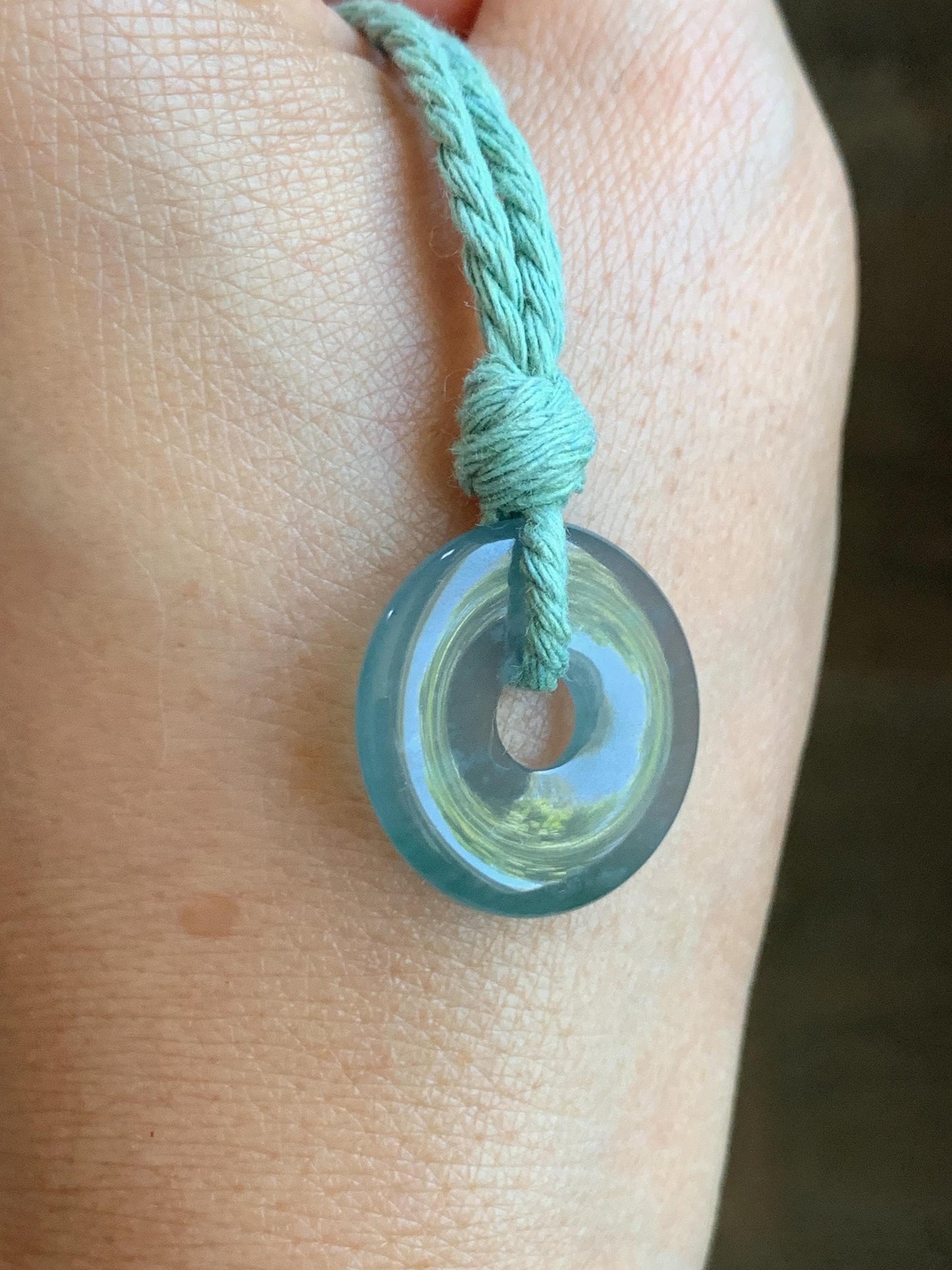 Natural Grade A Guatemalan Icy Translucent Teal Blue Jade Jadeite Ping An Kou Donut Petite Pendant Rope Necklace 25” 天然冰危蓝翡翠平安扣吊坠 WXK55L