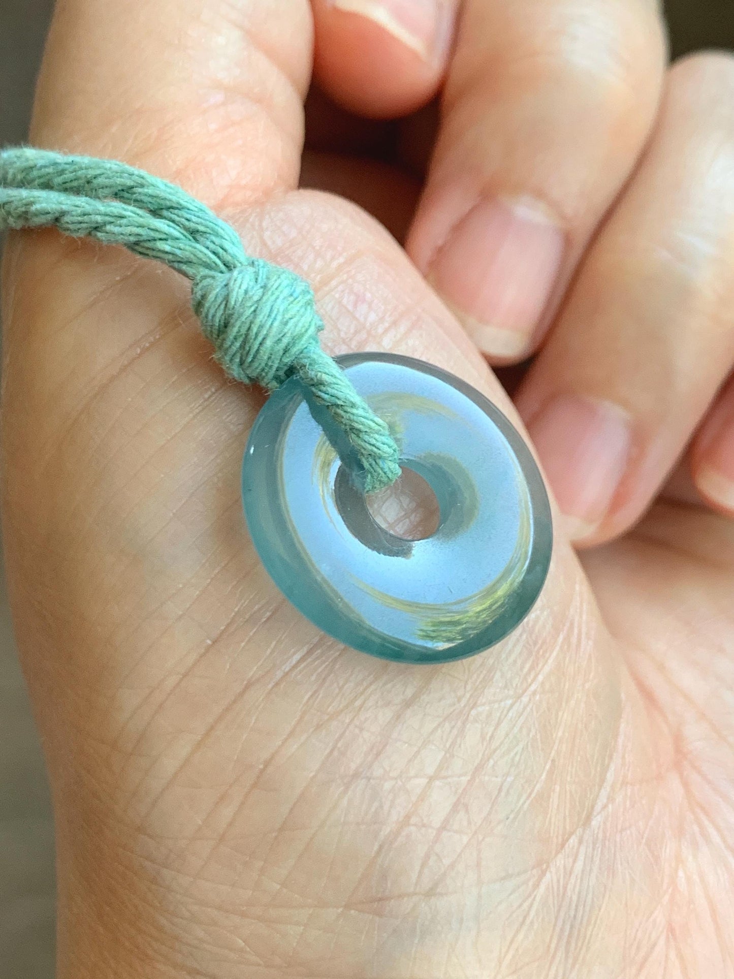 Natural Grade A Guatemalan Icy Translucent Teal Blue Jade Jadeite Ping An Kou Donut Petite Pendant Rope Necklace 25” 天然冰危蓝翡翠平安扣吊坠 WXK55L
