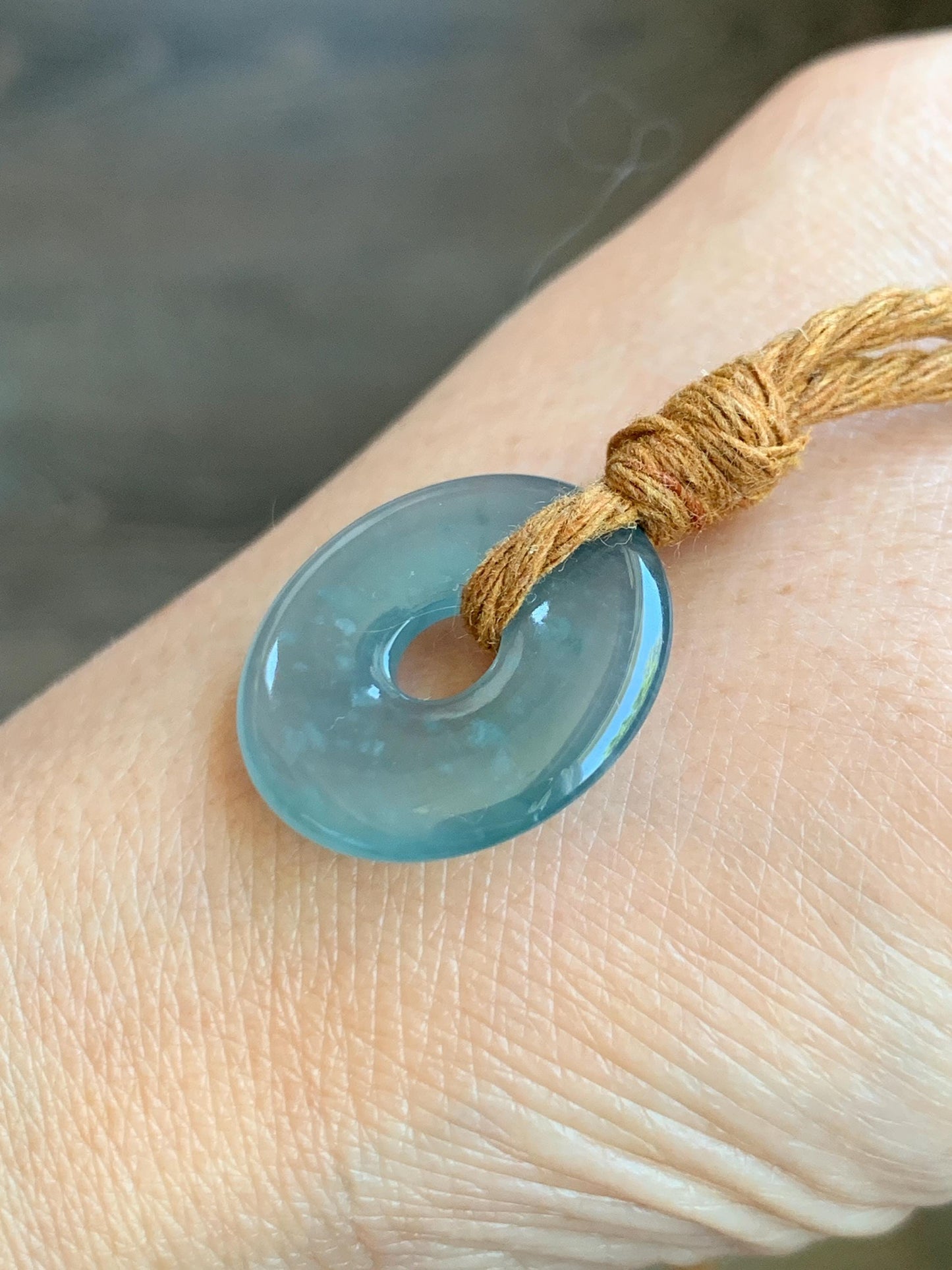Natural Grade A Guatemalan Icy Translucent Teal Blue Jade Jadeite Ping An Kou Donut Petite Pendant Rope Necklace 25” 天然冰危蓝翡翠平安扣吊坠 WXK55A