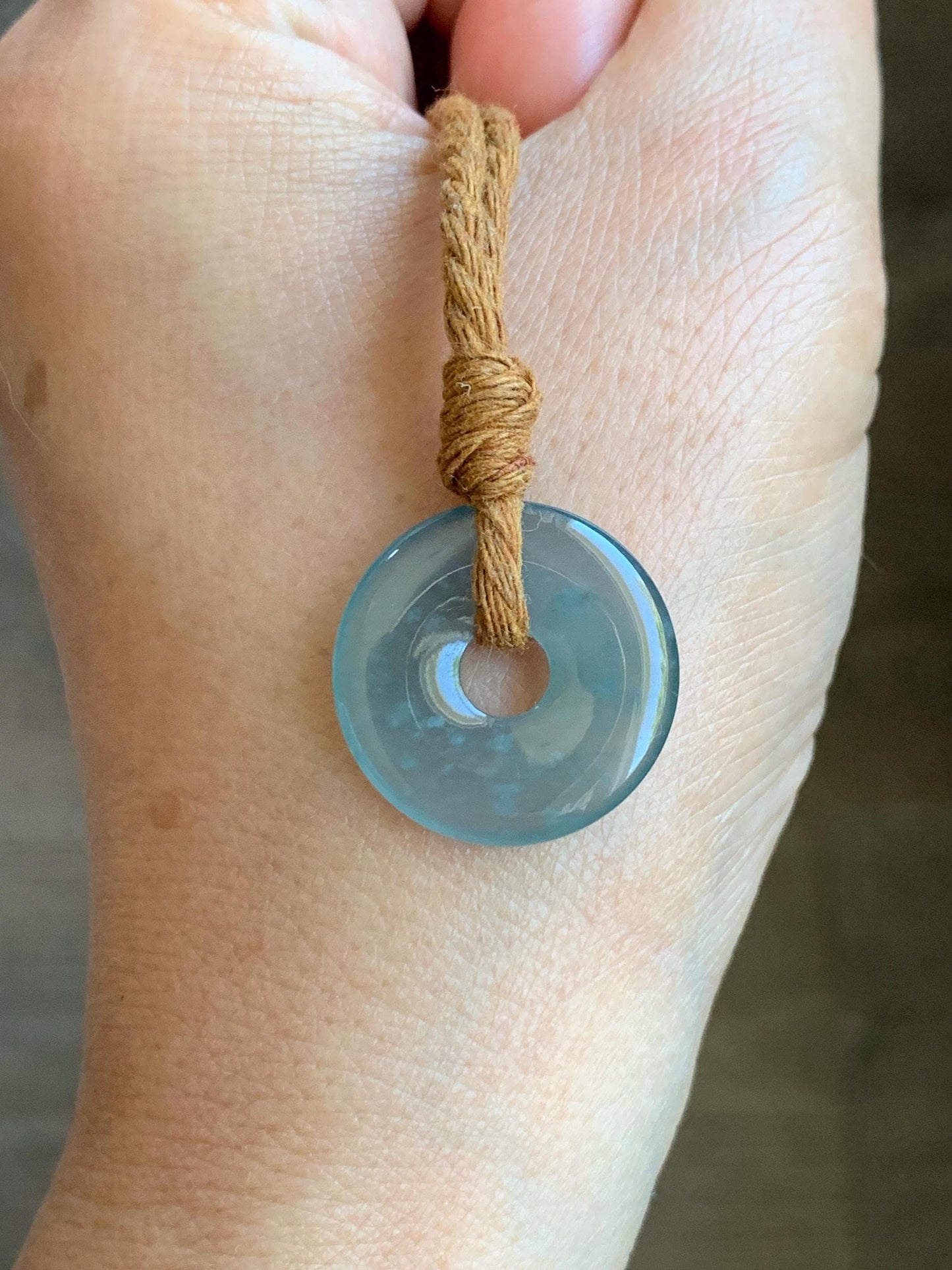 Natural Grade A Guatemalan Icy Translucent Teal Blue Jade Jadeite Ping An Kou Donut Petite Pendant Rope Necklace 25” 天然冰危蓝翡翠平安扣吊坠 WXK55A