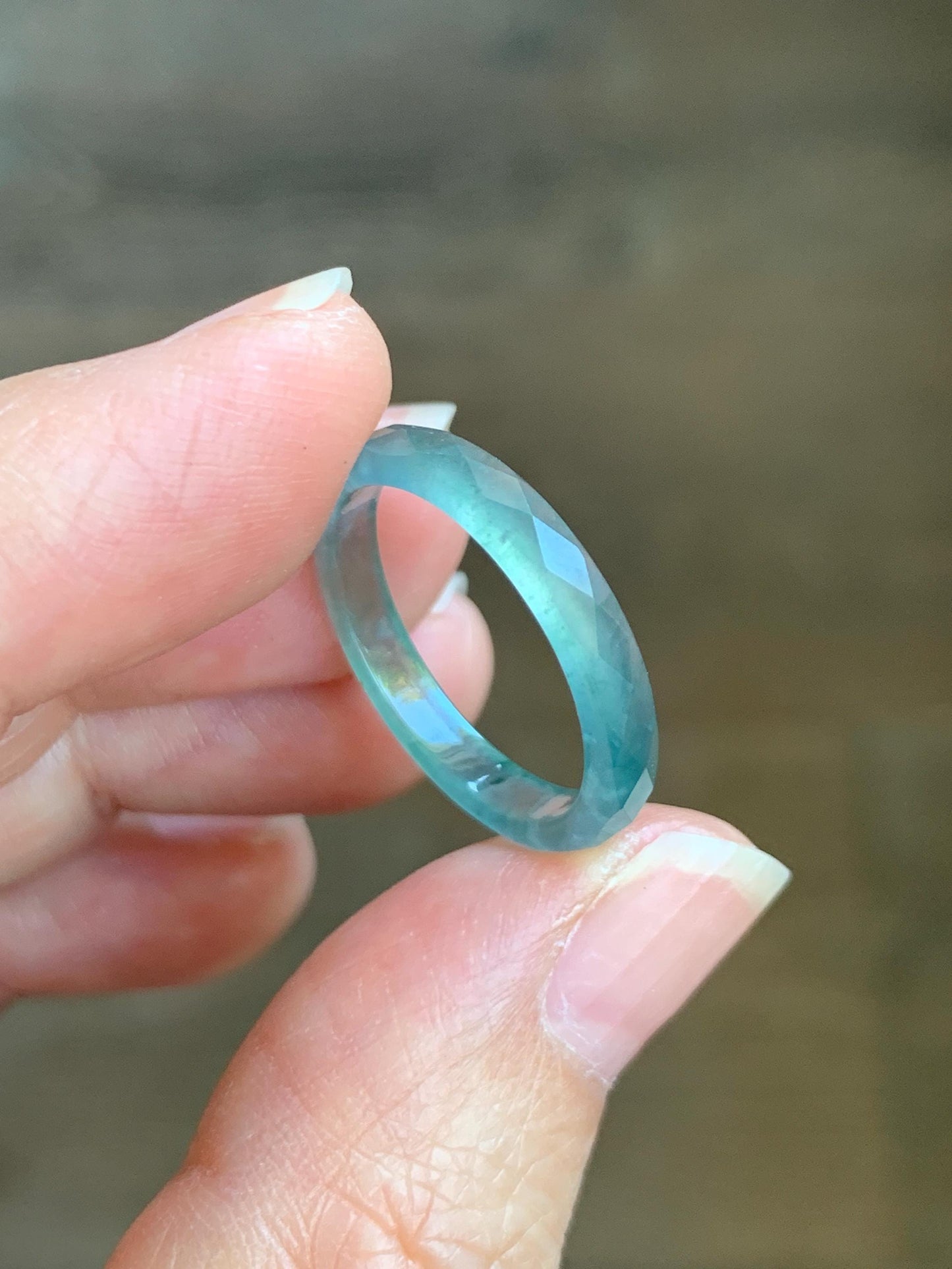 Natural Grade A Guatemalan Icy Highly Translucent Light Teal Jade Jadeite Diamond Faceted Band Ring Size 7.25 US 天然冰危浅蓝绿起光翡翠切割面戒圈 QGM80-I
