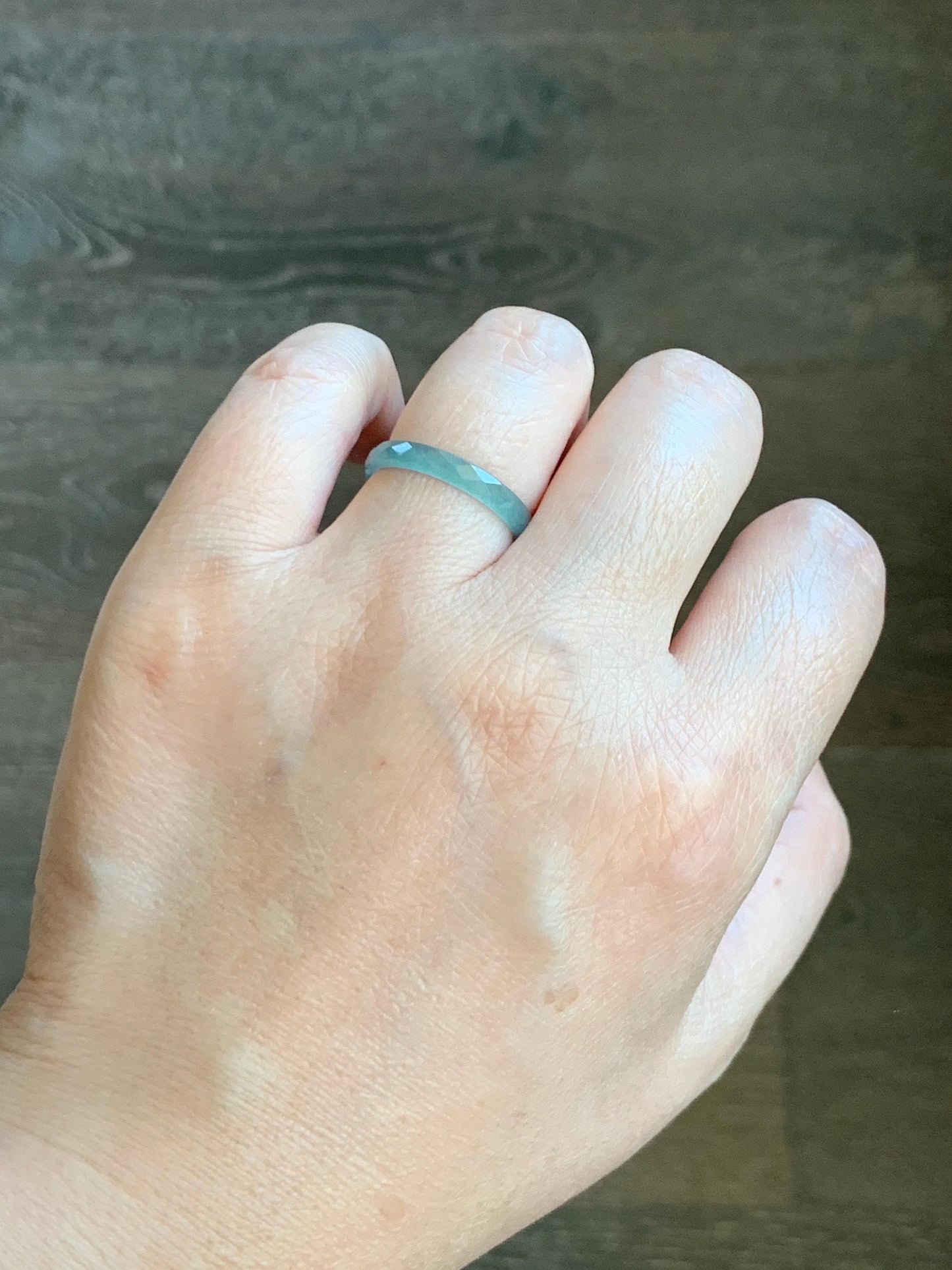 Natural Grade A Guatemalan Icy Highly Translucent Light Teal Jade Jadeite Diamond Faceted Band Ring Size 7.25 US 天然冰危浅蓝绿起光翡翠切割面戒圈 QGM80-E