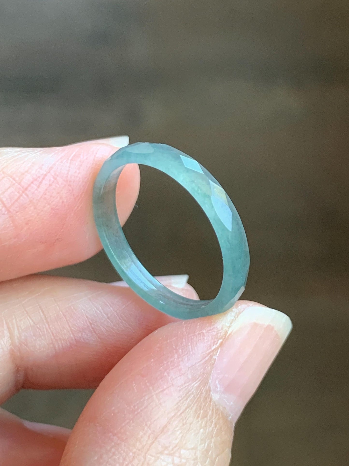 Natural Grade A Guatemalan Icy Highly Translucent Light Teal Jade Jadeite Diamond Faceted Band Ring Size 7.25 US 天然冰危浅蓝绿起光翡翠切割面戒圈 QGM80-E