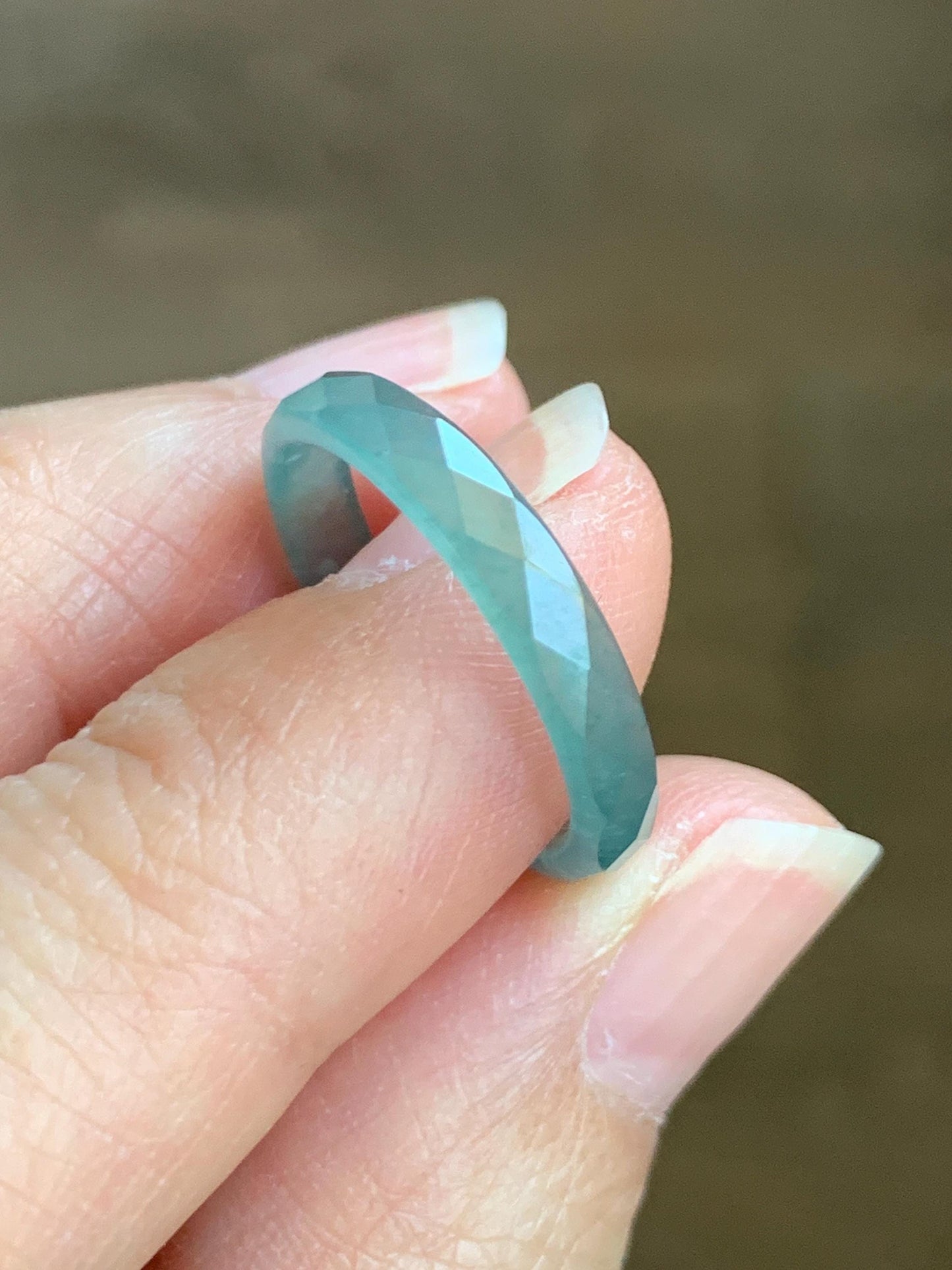 Natural Grade A Guatemalan Icy Highly Translucent Light Green Jade Jadeite Diamond Faceted Band Ring Size 6.5 天然冰危浅绿起光翡翠切割面戒圈 QGM80-D