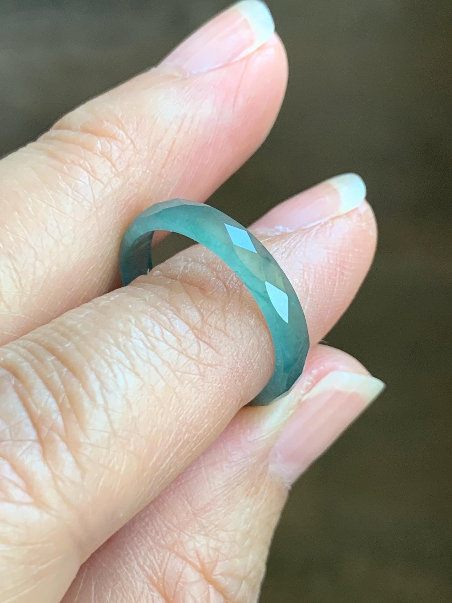 Natural Grade A Guatemalan Icy Highly Translucent Light Green Jade Jadeite Diamond Faceted Band Ring Size 6.5 天然冰危浅绿起光翡翠切割面戒圈 QGM80-D