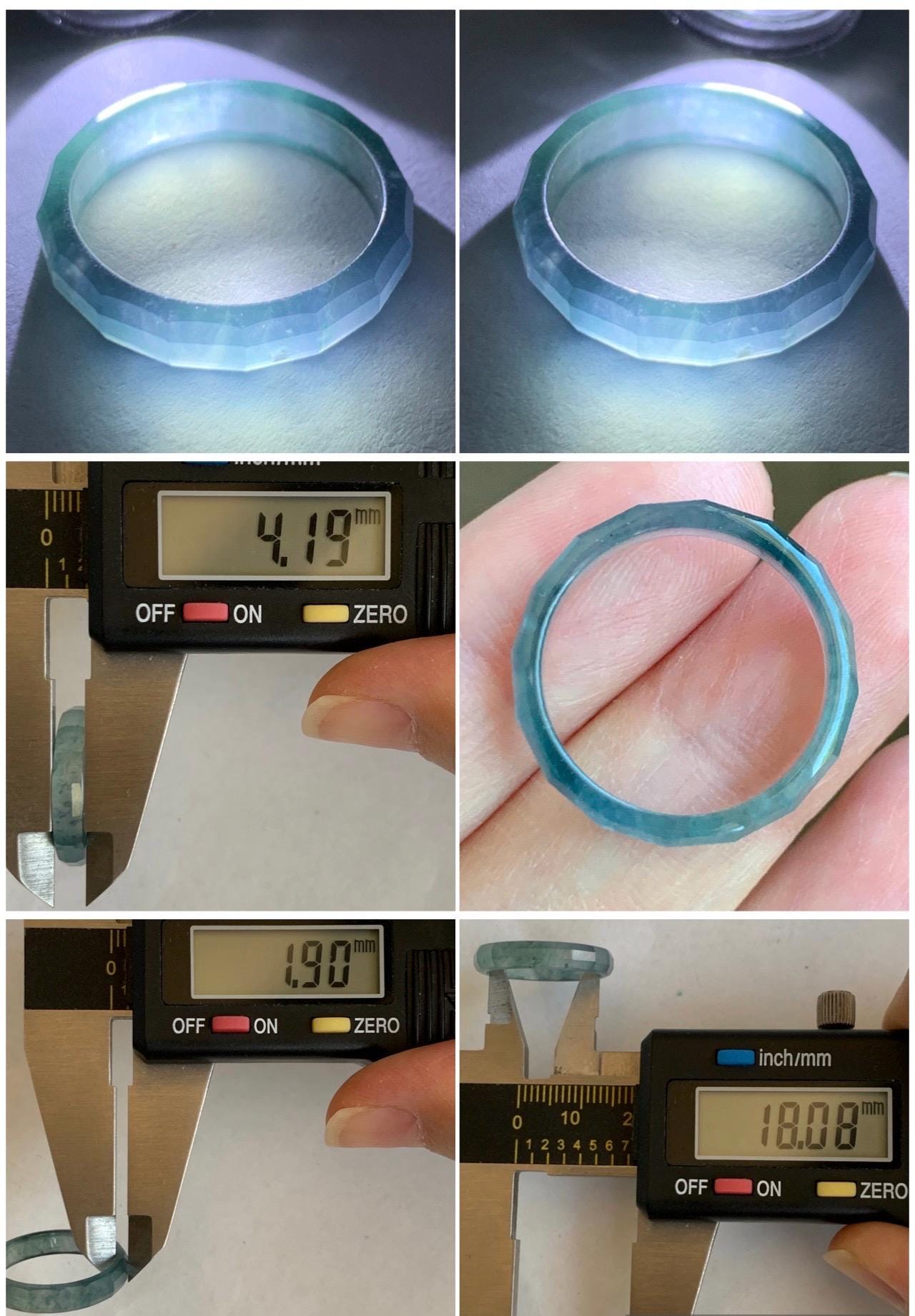 Natural Grade A Guatemalan Icy Highly Translucent Aegean Blue Jade Jadeite Faceted Band Ring Size 7.75 US 天然冰危牛仔蓝起光翡翠切割面戒圈 QGM80-B