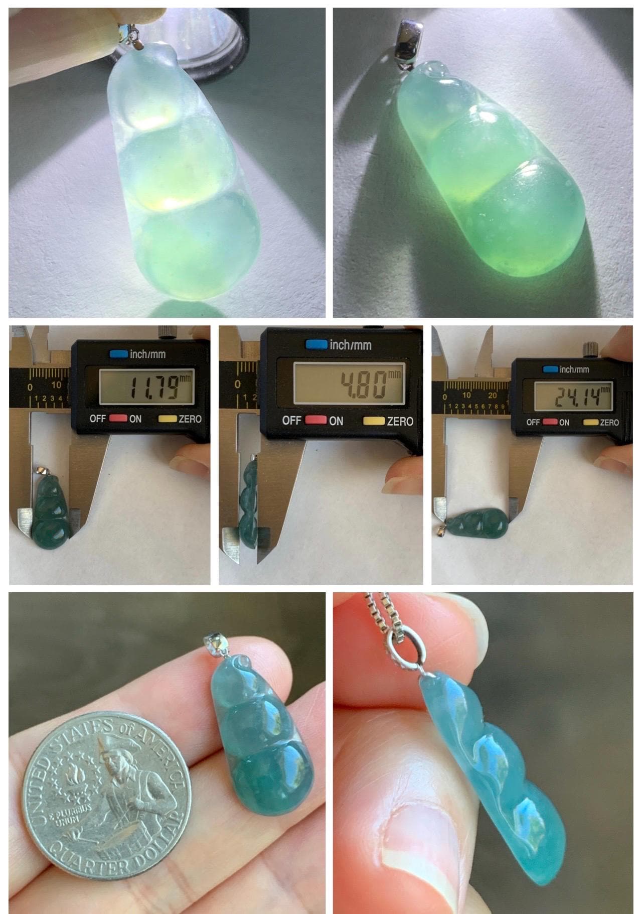 Natural Grade A Guatemalan Icy Translucent Dark Teal Blue Jade Jadeite Carved Peapod Pendant 18K White Gold 3g 天然冰危深蓝翡翠福豆镶嵌吊坠 WDD110A