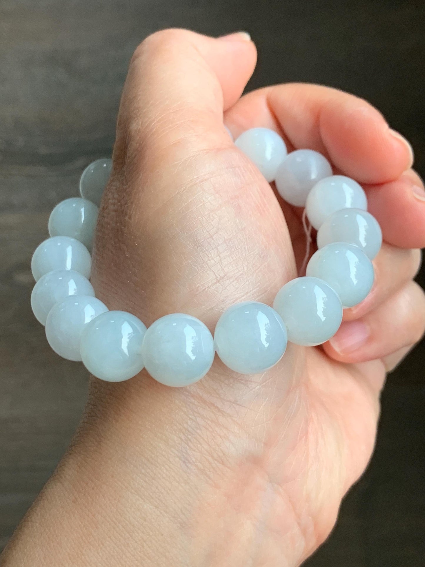 Natural Grade A Icy Translucent Gelatinous White Pastel Blue Jade Jadeite Beads Beaded Bracelet 12.7mm 7.5” 58g 天然冰胶淡蓝底翡翠大卡圆珠手串 MDL450A