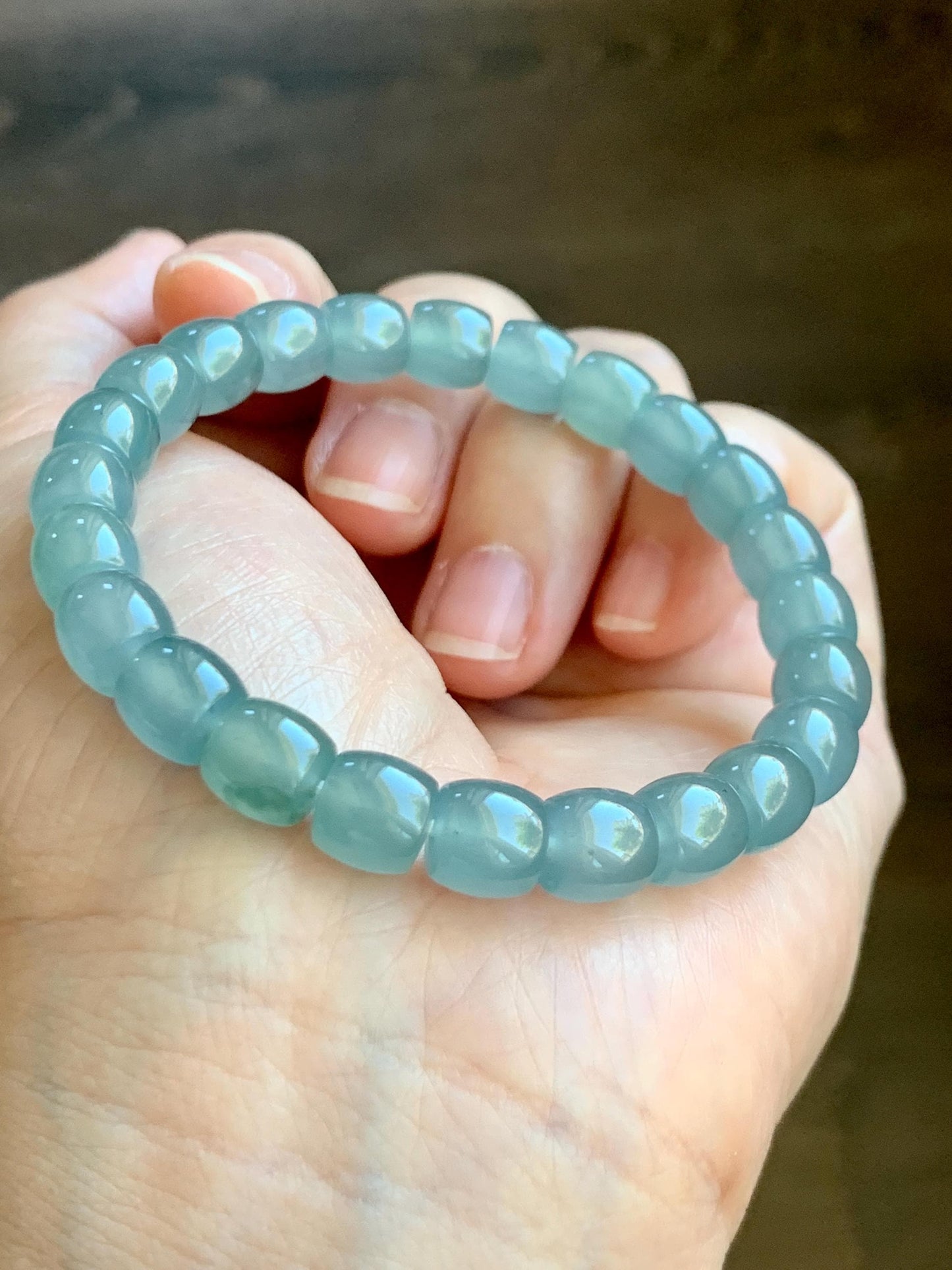 Certified Natural Guatemalan Icy Translucent Gelatinous Light Teal Blue Jade Jadeite Barrel Beads Beaded Bracelet 7” 22.9g 天然冰胶危蓝翡翠桶珠手串 8751