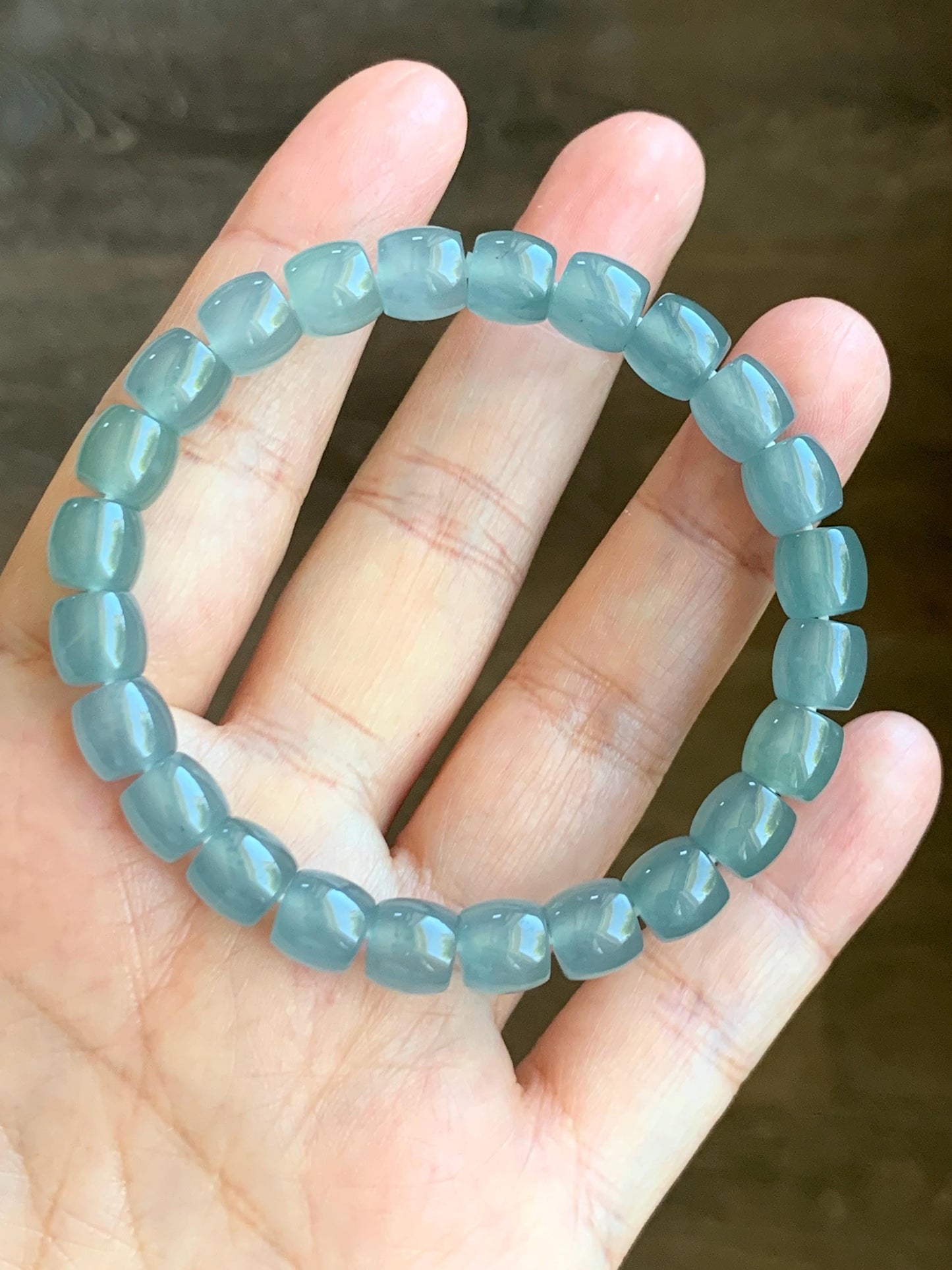 Certified Natural Guatemalan Icy Translucent Gelatinous Light Teal Blue Jade Jadeite Barrel Beads Beaded Bracelet 7” 22.9g 天然冰胶危蓝翡翠桶珠手串 8751