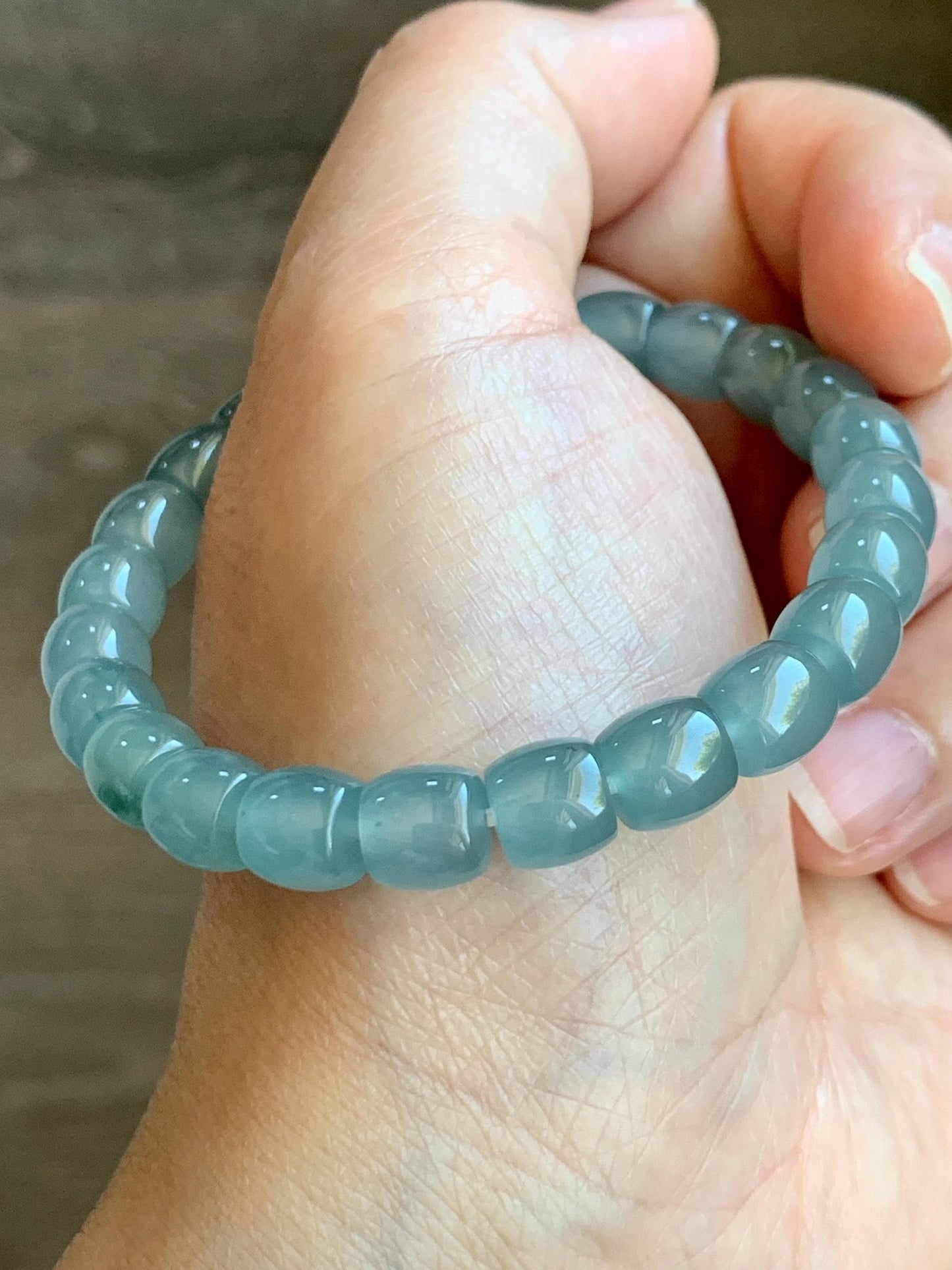 Certified Natural Guatemalan Icy Translucent Gelatinous Light Teal Blue Jade Jadeite Barrel Beads Beaded Bracelet 7” 22.9g 天然冰胶危蓝翡翠桶珠手串 8751