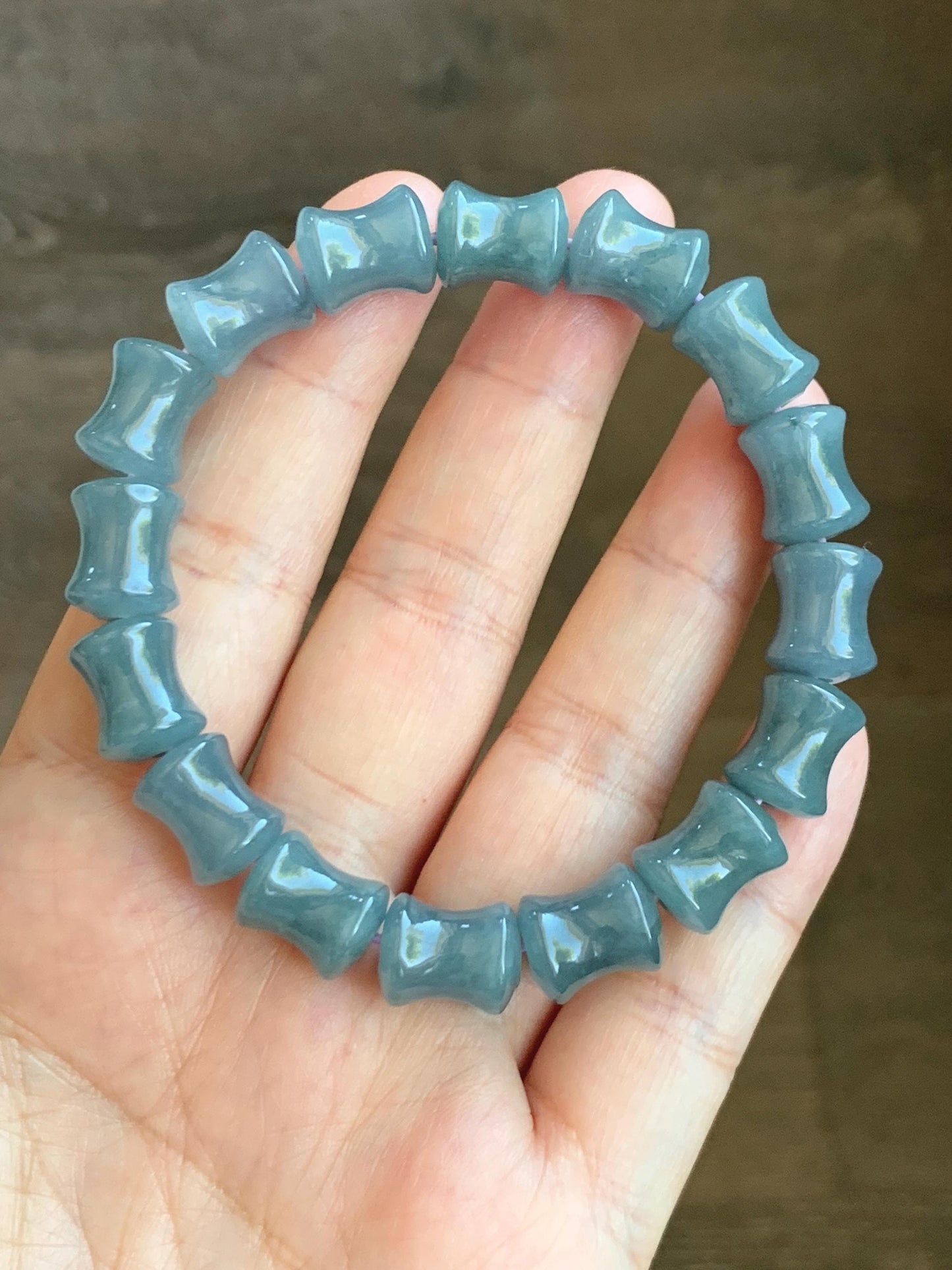 Natural Grade A Guatemalan Icy Translucent Gelatinous Dusty Blue Jadeite Carved Bamboo Stalk Beaded Bracelet 7.5” 34g 天然冰危篮翡翠竹节珠手串 CZJ350A