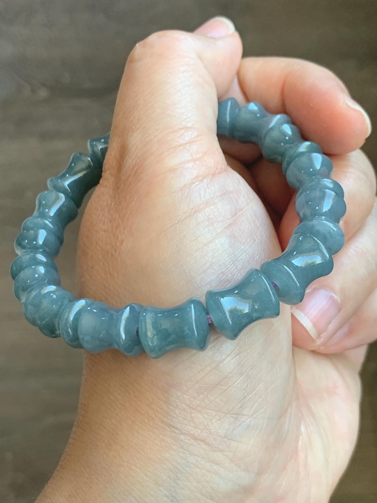 Natural Grade A Guatemalan Icy Translucent Gelatinous Dusty Blue Jadeite Carved Bamboo Stalk Beaded Bracelet 7.5” 34g 天然冰危篮翡翠竹节珠手串 CZJ350A