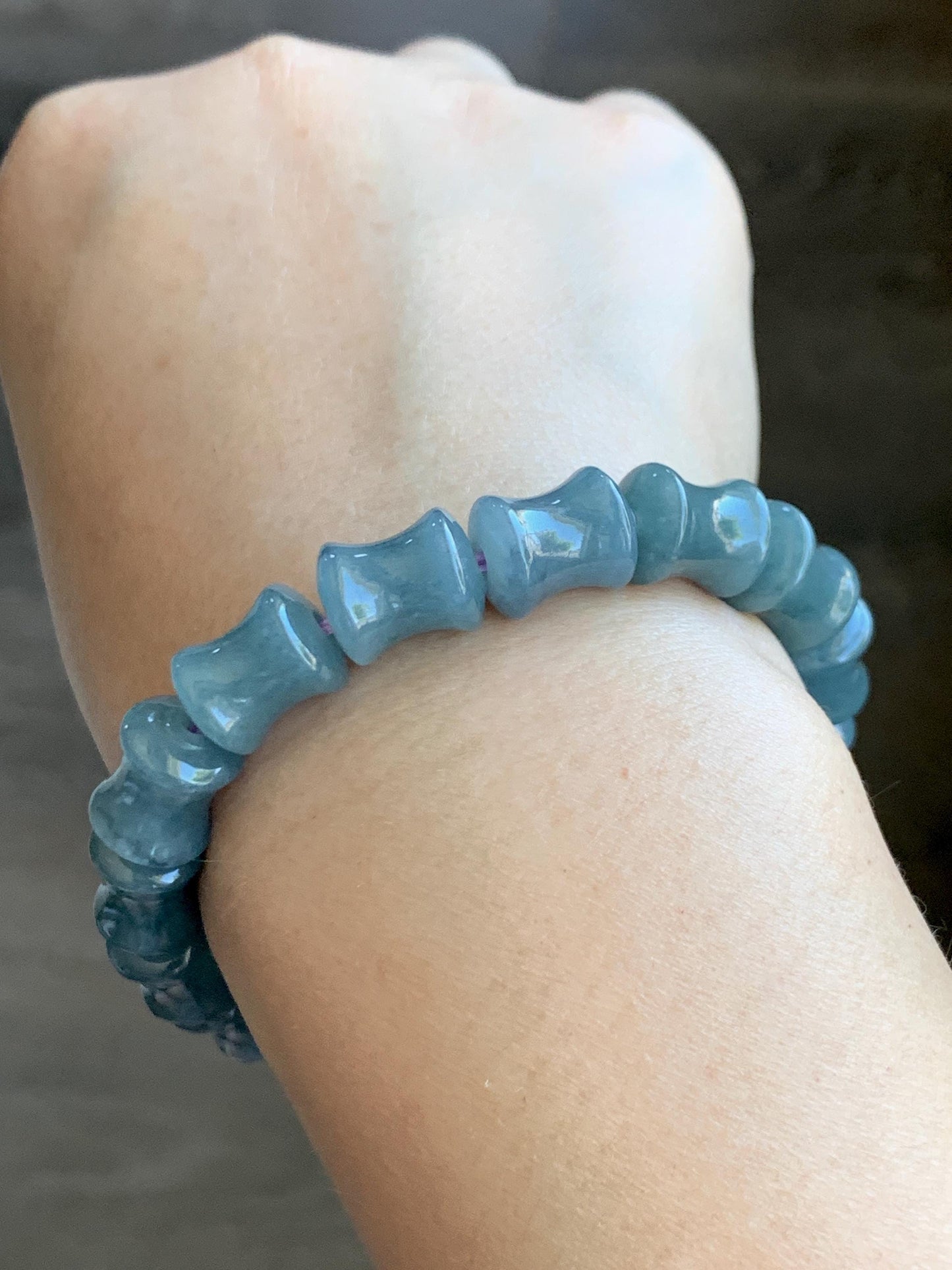 Natural Grade A Guatemalan Icy Translucent Gelatinous Dusty Blue Jadeite Carved Bamboo Stalk Beaded Bracelet 7.5” 34g 天然冰危篮翡翠竹节珠手串 CZJ350A