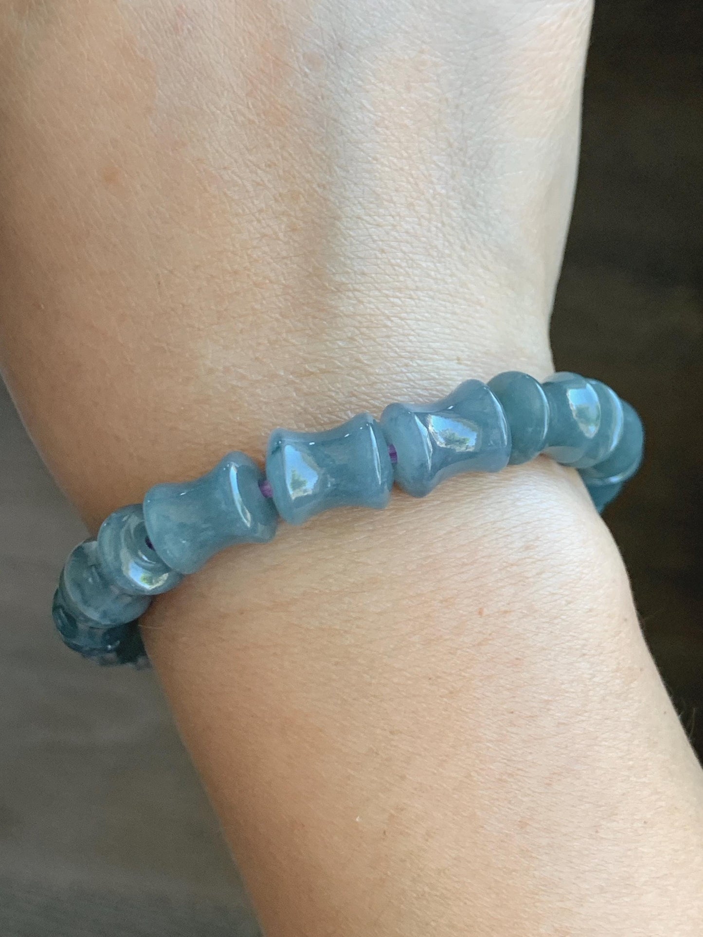 Natural Grade A Guatemalan Icy Translucent Gelatinous Dusty Blue Jadeite Carved Bamboo Stalk Beaded Bracelet 7.5” 34g 天然冰危篮翡翠竹节珠手串 CZJ350A