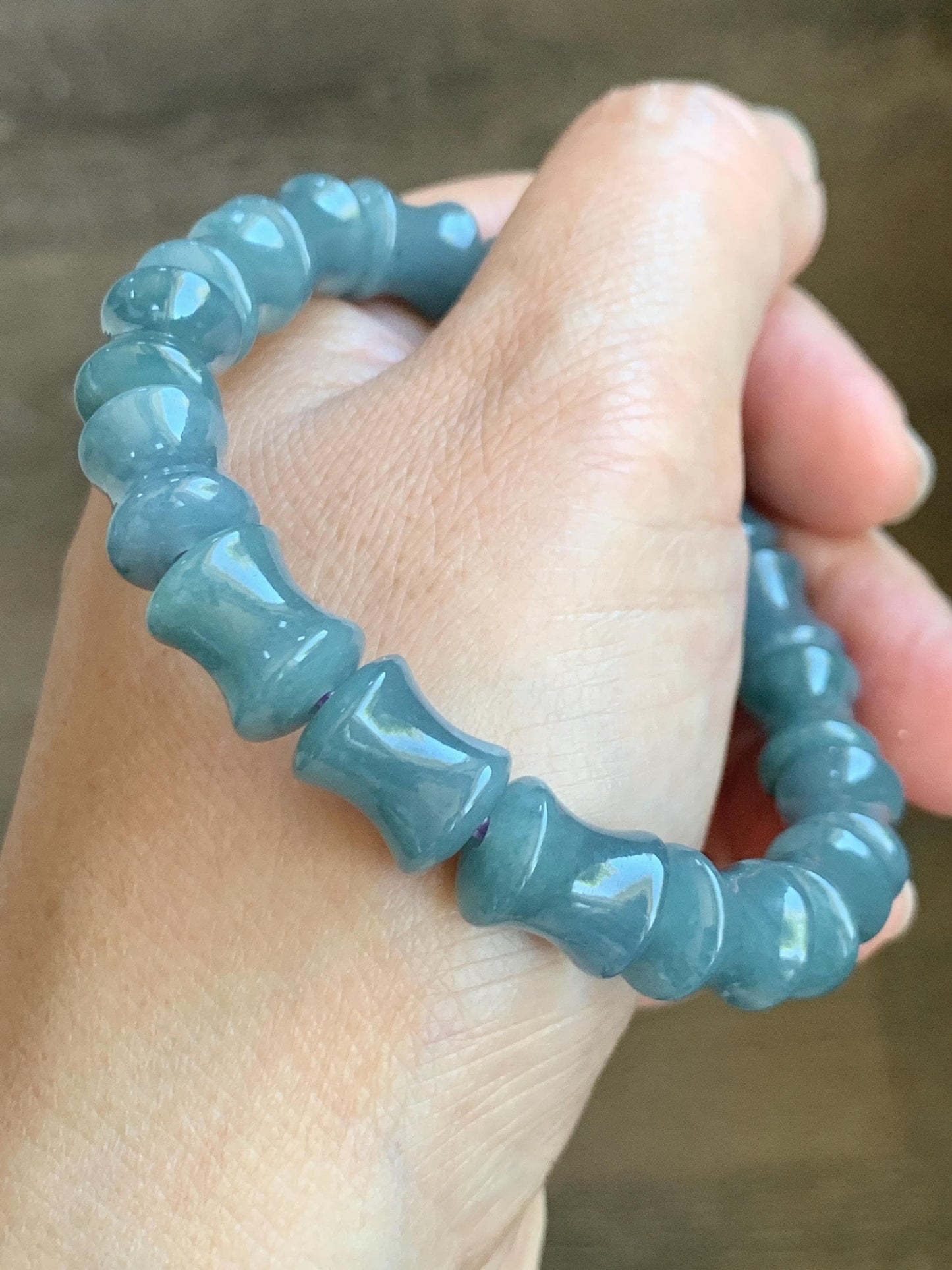 Natural Grade A Guatemalan Icy Translucent Gelatinous Dusty Blue Jadeite Carved Bamboo Stalk Beaded Bracelet 7.5” 35g 天然冰危篮翡翠竹节珠手串 CZJ350B