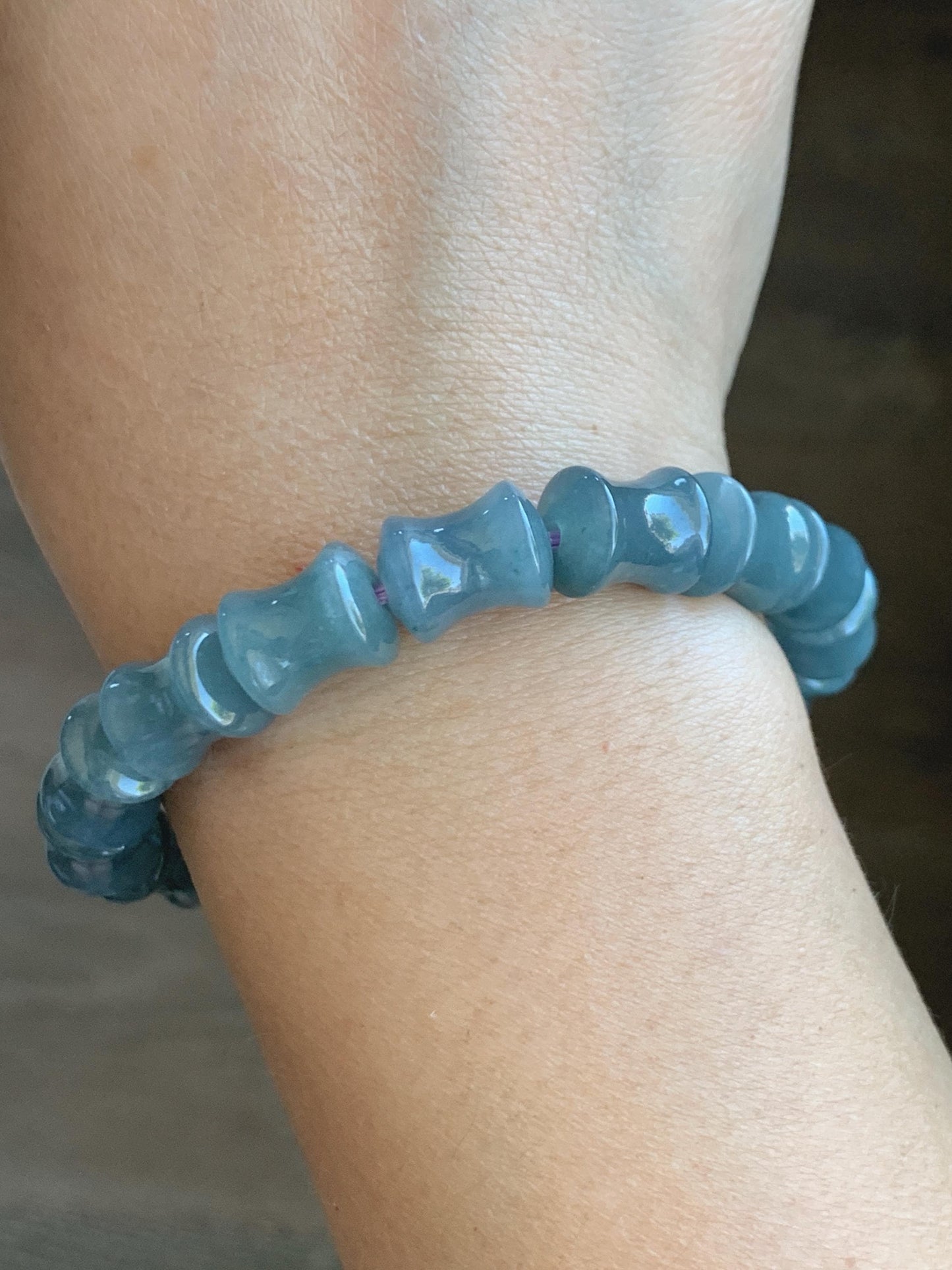 Natural Grade A Guatemalan Icy Translucent Gelatinous Dusty Blue Jadeite Carved Bamboo Stalk Beaded Bracelet 7.5” 35g 天然冰危篮翡翠竹节珠手串 CZJ350B