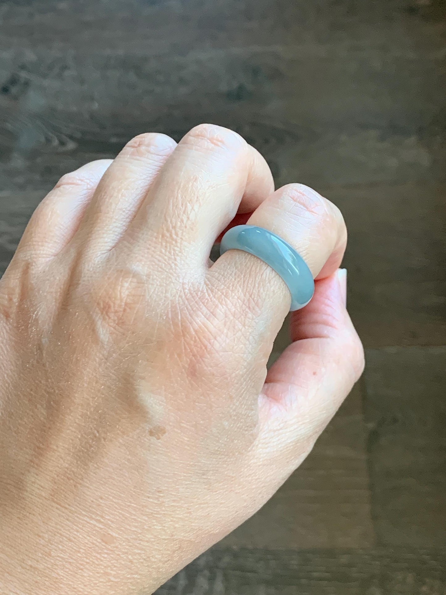 Natural Grade A Guatemalan Icy Translucent Light Dusty Blue Jade Jadeite Wide Band Ring Size 10.25 US 5g 天然冰危蓝翡翠戒圈 HLK55