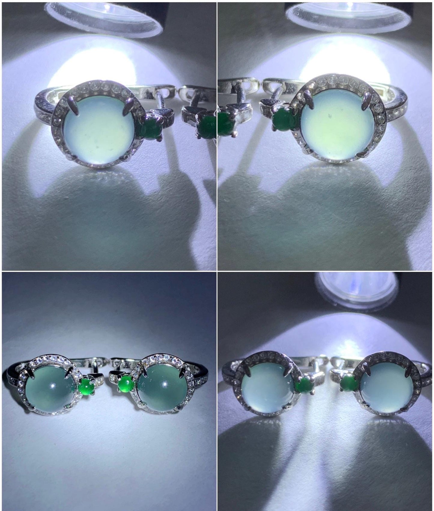 Natural Grade A Guatemalan Icy Highly Translucent Light Teal Blue Jade Jadeite Halo Huggie Earrings Sterling Silver 天然冰危起光淡蓝翡翠镶嵌耳包 DLE120