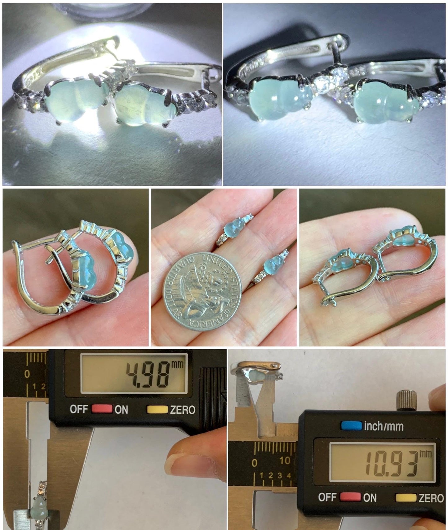 Natural Grade A Guatemalan Icy Highly Translucent Pastel Blue Jade Jadeite Gourd Hoop Huggie Earrings Sterling Silver 天然冰危淡蓝翡翠葫芦银镶耳包 HLB77