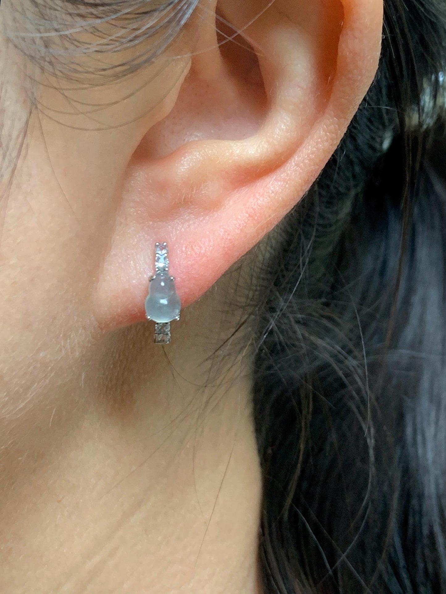 Natural Grade A Guatemalan Icy Highly Translucent Pastel Blue Jade Jadeite Gourd Hoop Huggie Earrings Sterling Silver 天然冰危淡蓝翡翠葫芦银镶耳包 HLB77