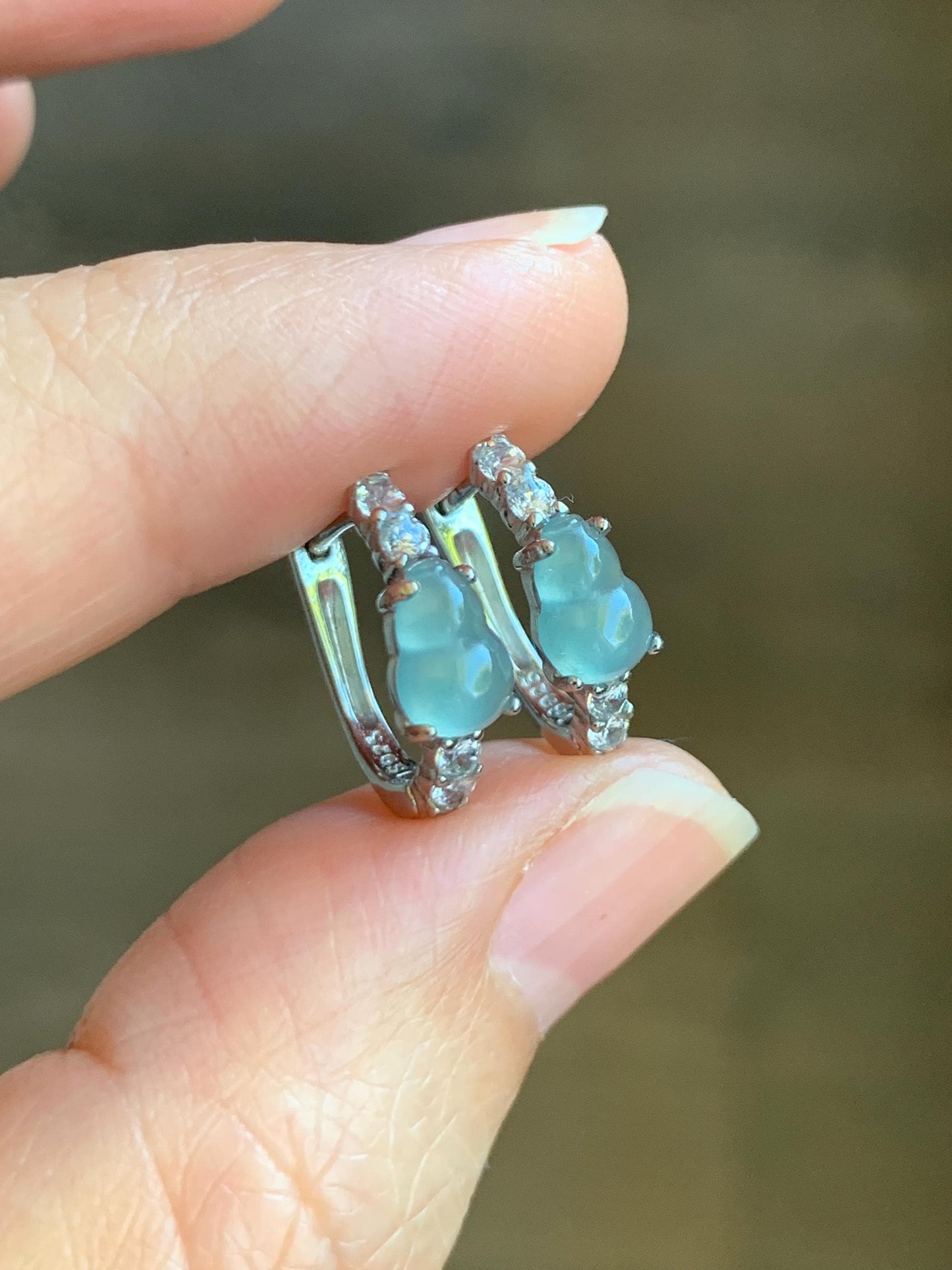 Natural Grade A Guatemalan Icy Highly Translucent Pastel Blue Jade Jadeite Gourd Hoop Huggie Earrings Sterling Silver 天然冰危淡蓝翡翠葫芦银镶耳包 HLB77