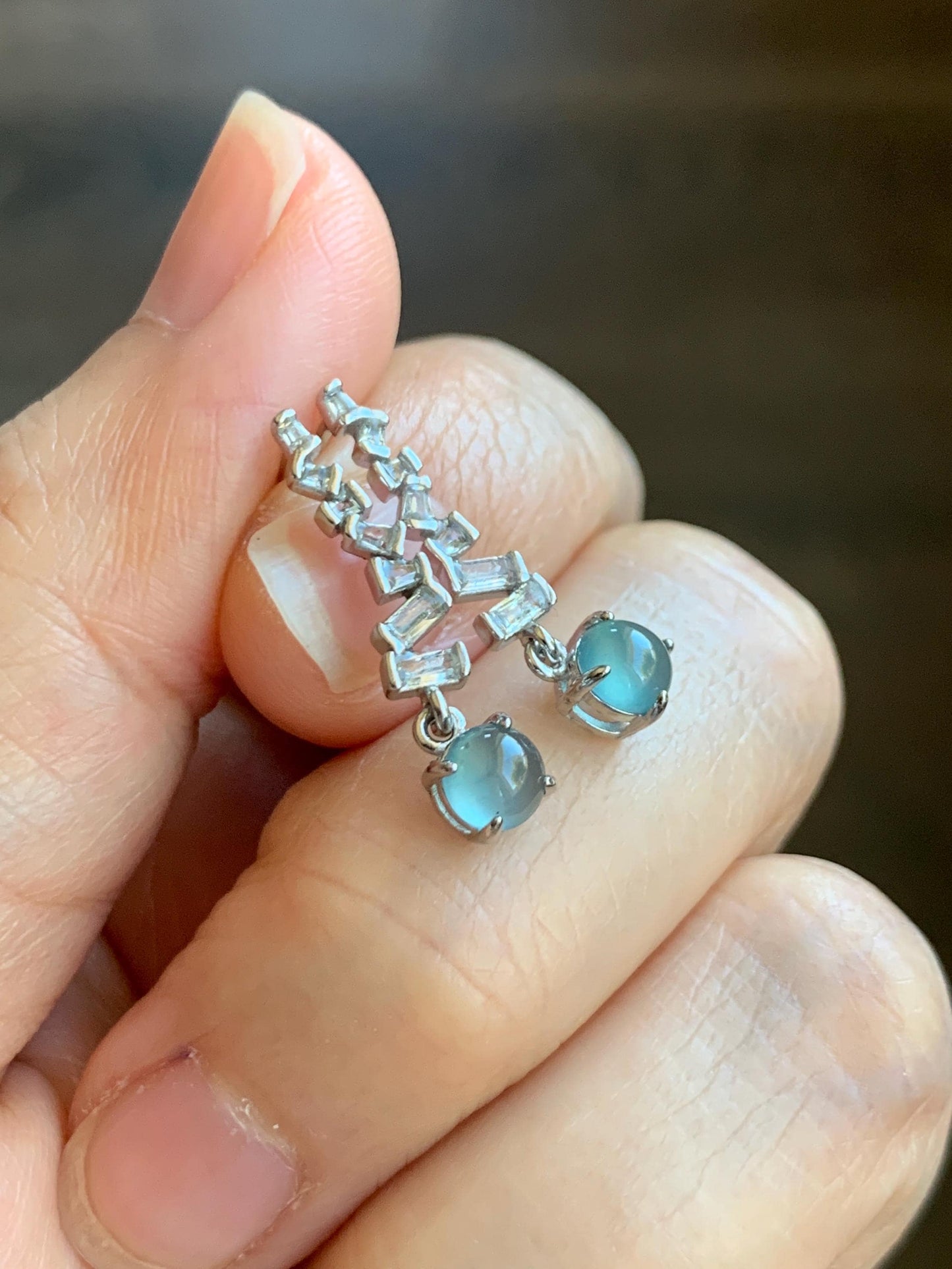 Natural Grade A Guatemalan Icy Highly Translucent Light Teal Blue Jade Jadeite Stud Dangle Earrings Sterling Silver 天然冰危浅蓝翡翠耳钉 WLD75