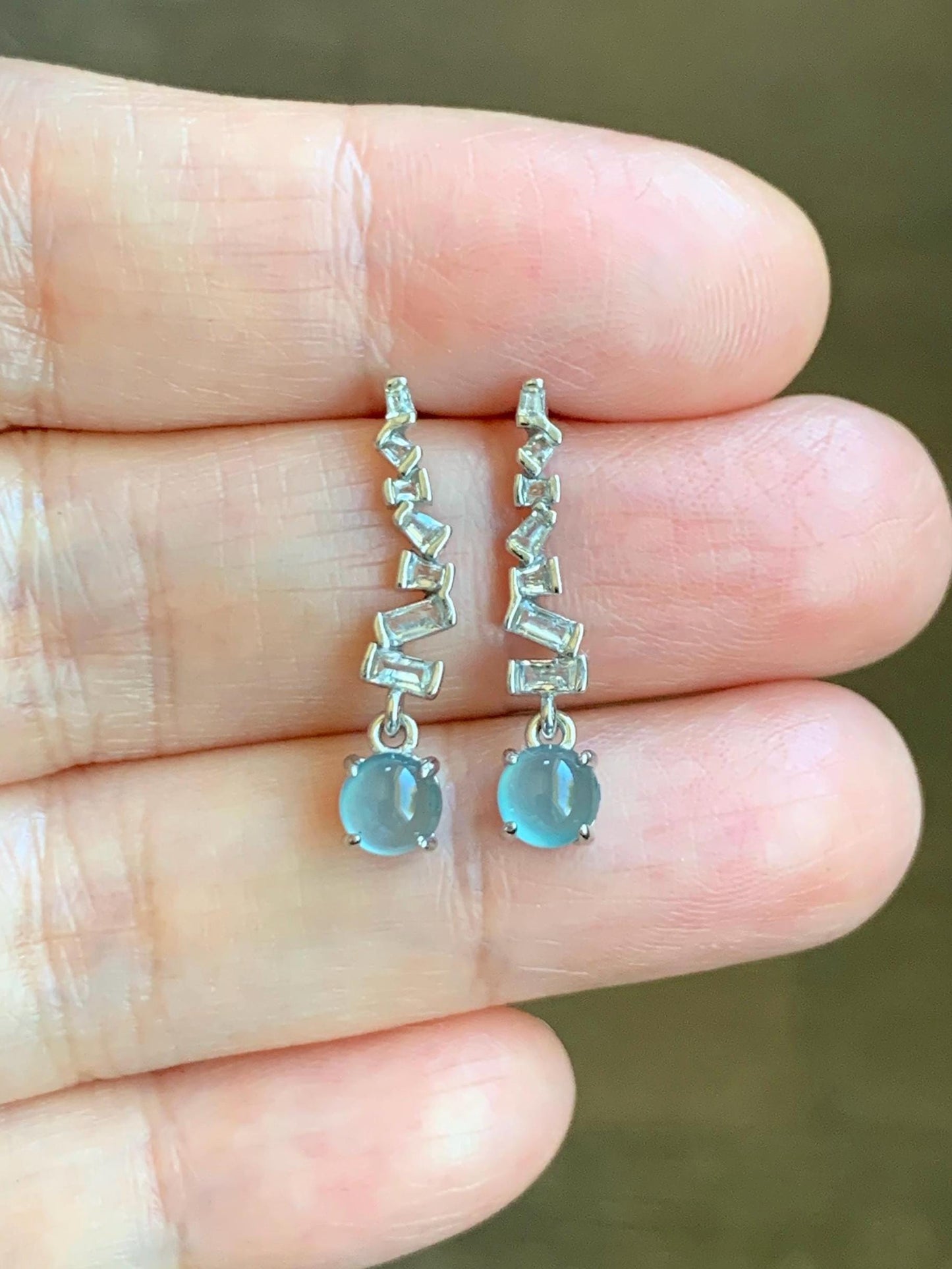 Natural Grade A Guatemalan Icy Highly Translucent Light Teal Blue Jade Jadeite Stud Dangle Earrings Sterling Silver 天然冰危浅蓝翡翠耳钉 WLD75