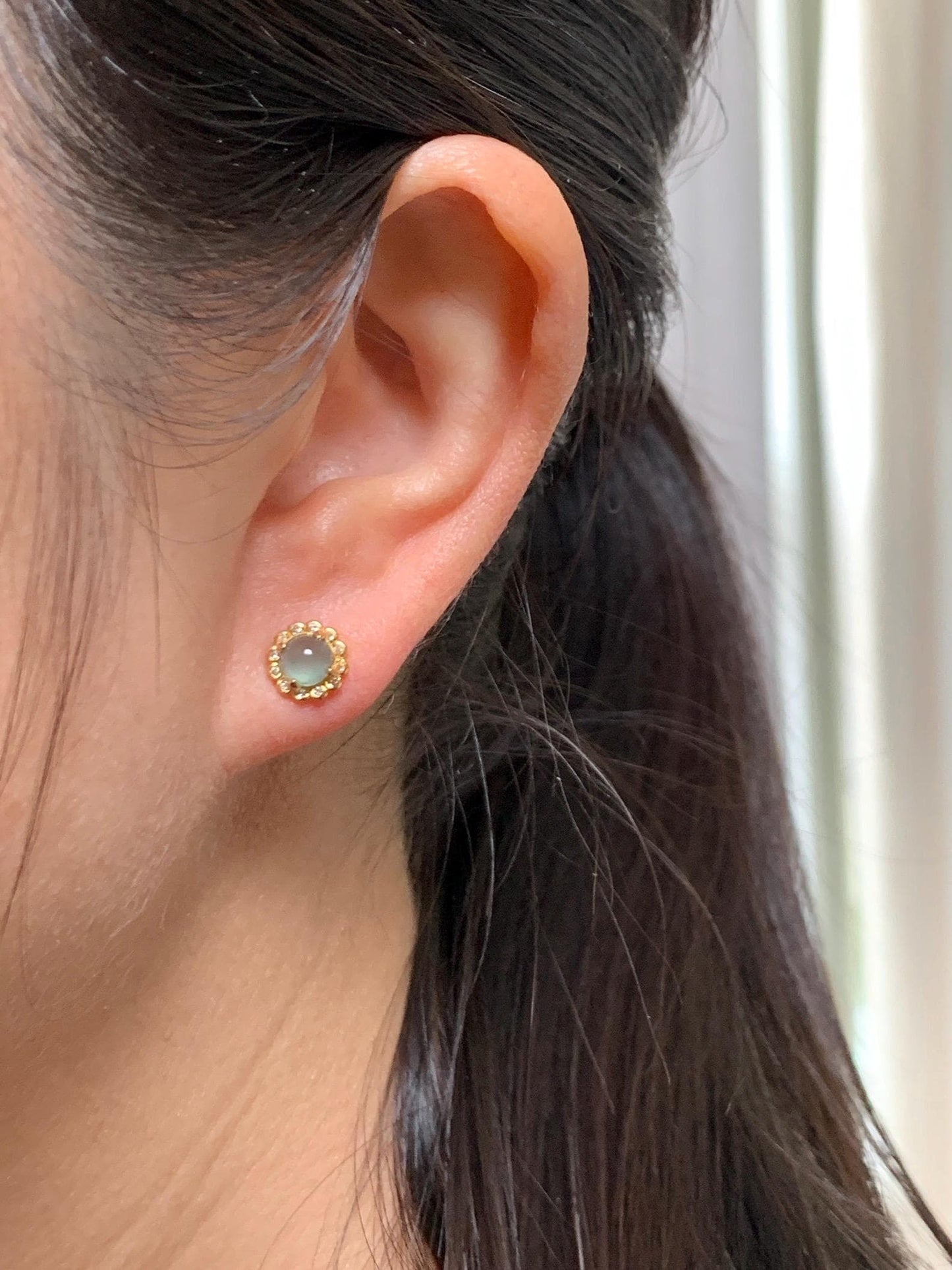 Natural Grade A Guatemalan Icy Highly Translucent Light Teal Green Jade Jadeite Halo Stud Earrings Sterling Silver 天然冰危浅蓝绿翡翠银镶耳钉 XHO55