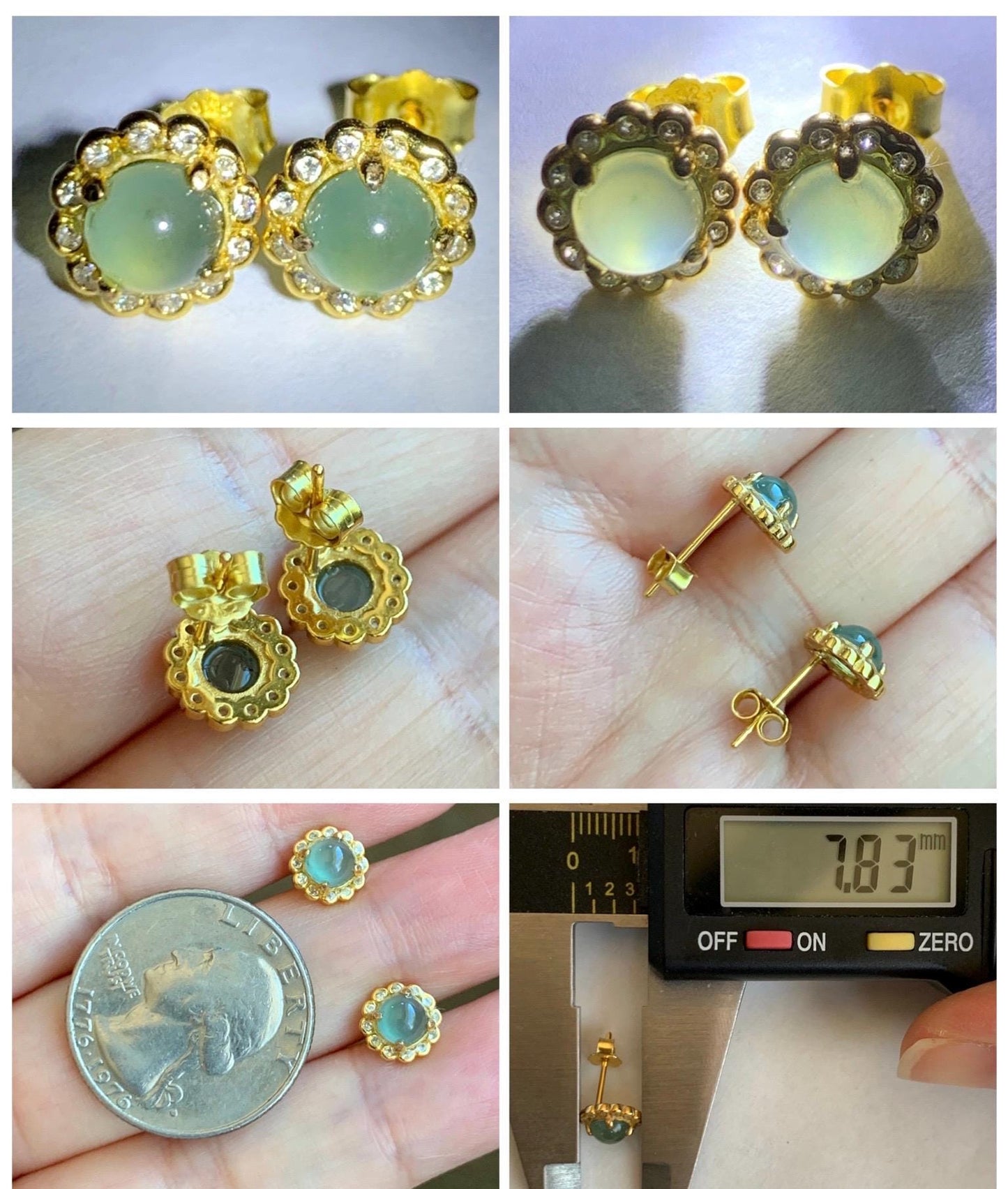 Natural Grade A Guatemalan Icy Highly Translucent Light Teal Green Jade Jadeite Halo Stud Earrings Sterling Silver 天然冰危浅蓝绿翡翠银镶耳钉 XHO55
