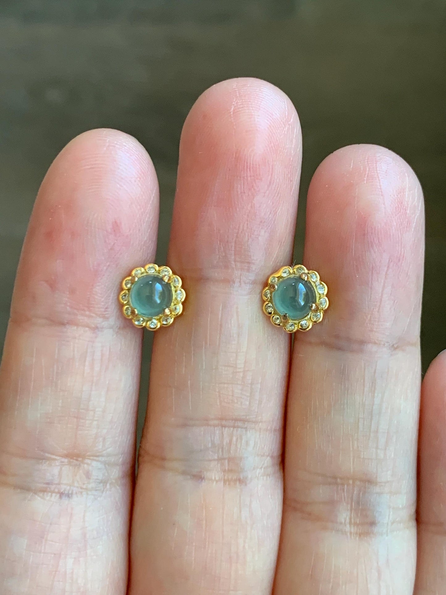 Natural Grade A Guatemalan Icy Highly Translucent Light Teal Green Jade Jadeite Halo Stud Earrings Sterling Silver 天然冰危浅蓝绿翡翠银镶耳钉 XHO55