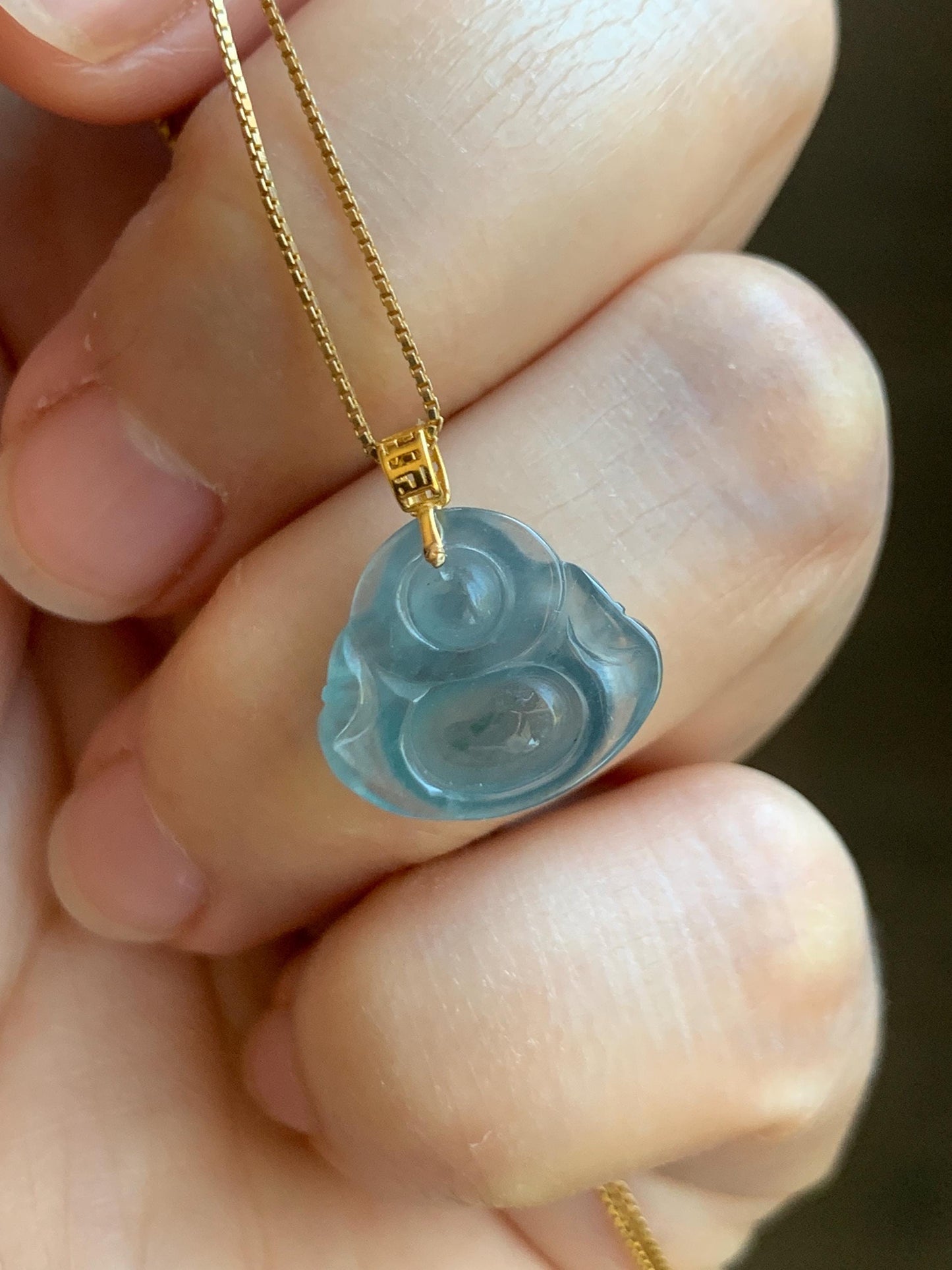 Natural Grade A Guatemalan Icy Highly Translucent Teal Blue Jade Jadeite Buddha Petite Pendant 18K Yellow Gold 天然冰危蓝翡翠小佛公镶嵌吊坠 XWF115