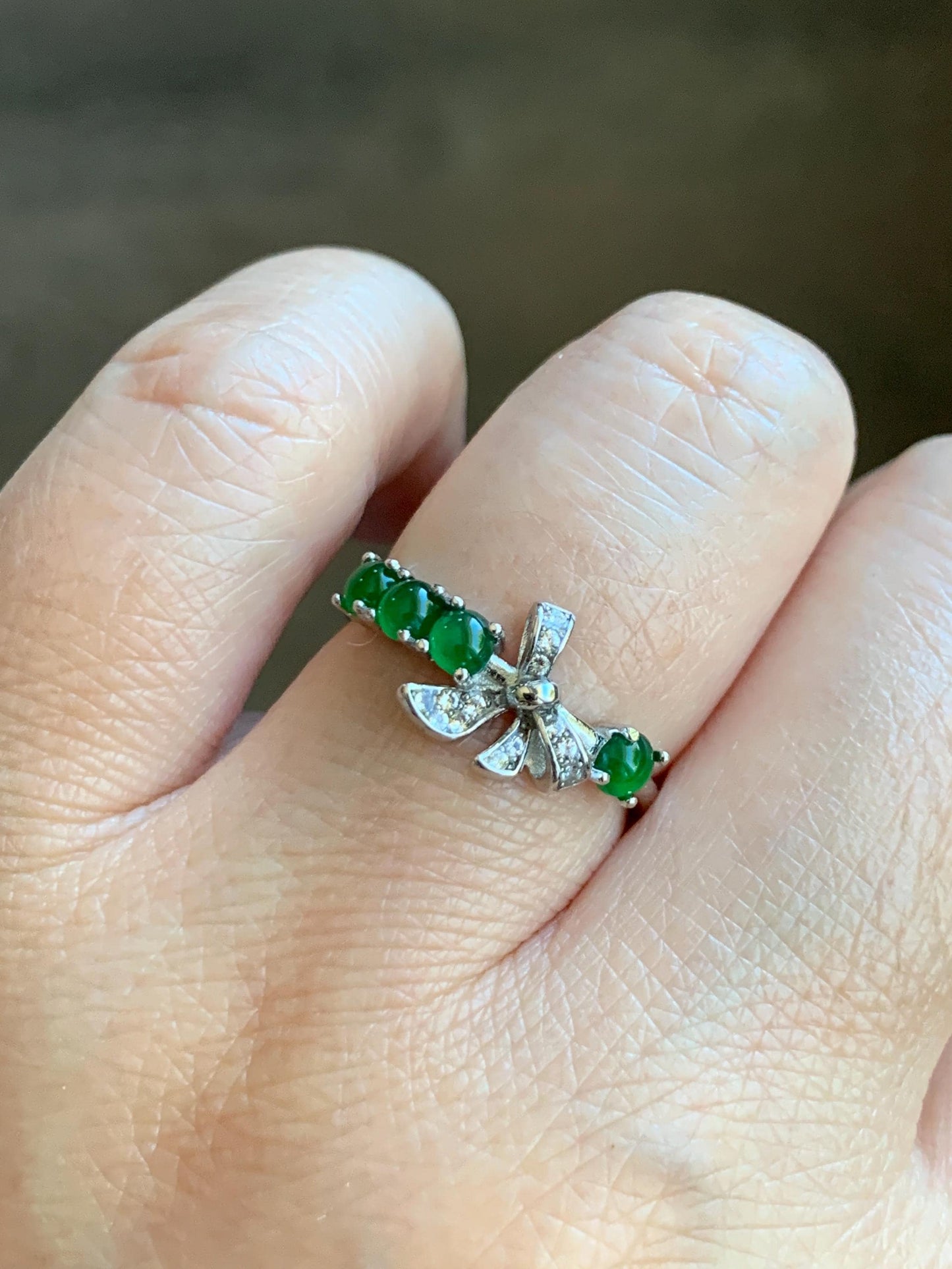 Natural Grade A Guatemalan Icy Translucent Vibrant Green Jade Jadeite Bow Design Sterling Silver Ring 天然冰危绿翡翠蝴蝶结款银镶戒指 LHD110