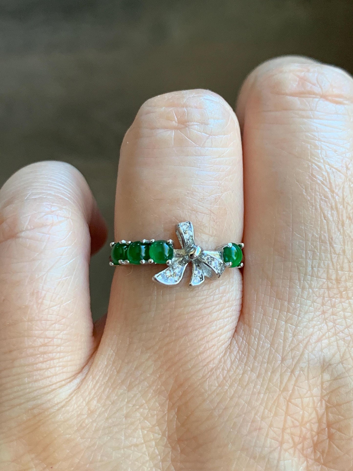 Natural Grade A Guatemalan Icy Translucent Vibrant Green Jade Jadeite Bow Design Sterling Silver Ring 天然冰危绿翡翠蝴蝶结款银镶戒指 LHD110