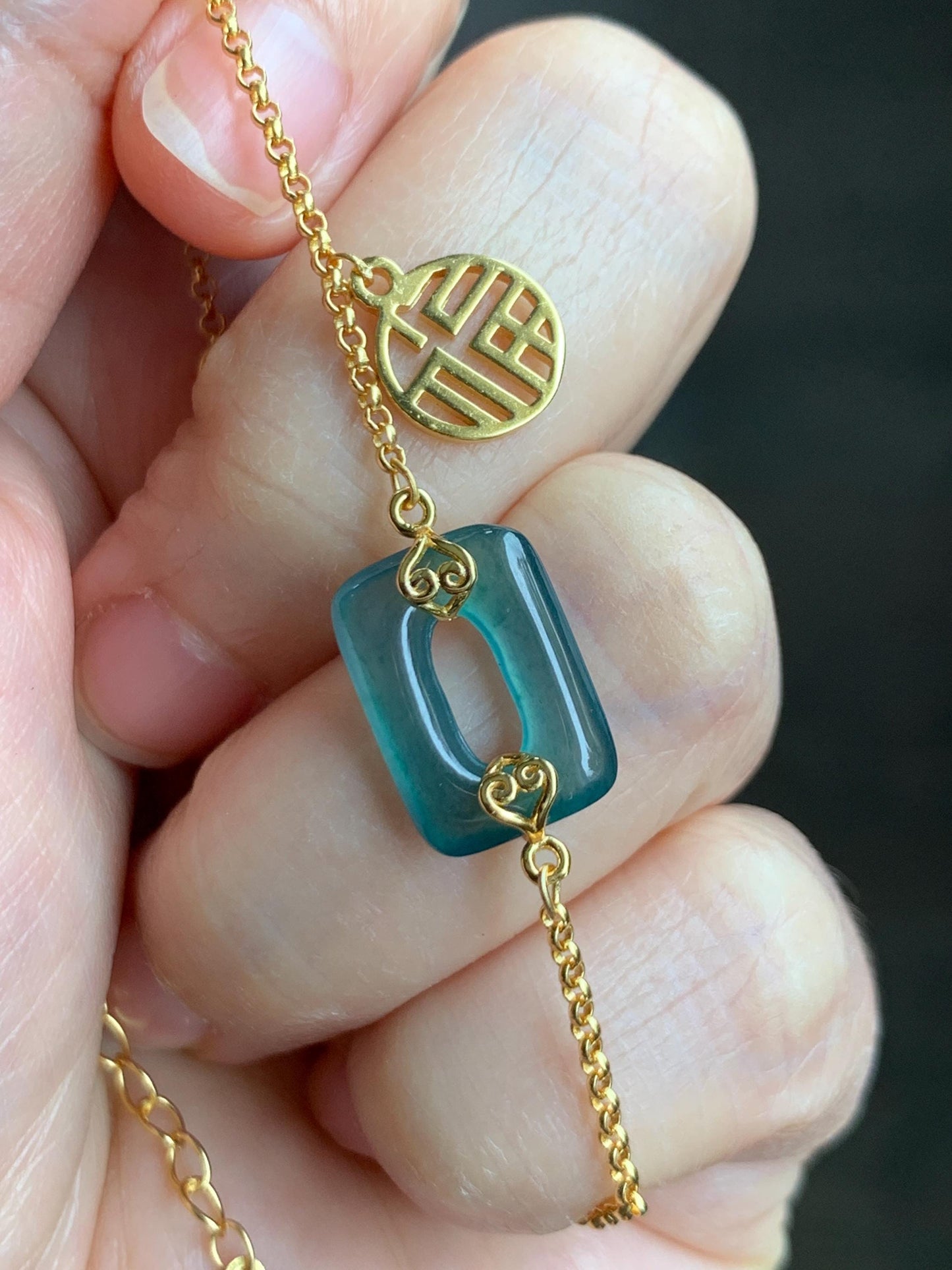 Natural Grade A Guatemalan Icy Translucent Vibrant Teal Blue Jadeite Ping An Kou Donut Chain Bracelet Sterling Silver 天然冰危蓝绿翡翠方扣银手链 FKL140