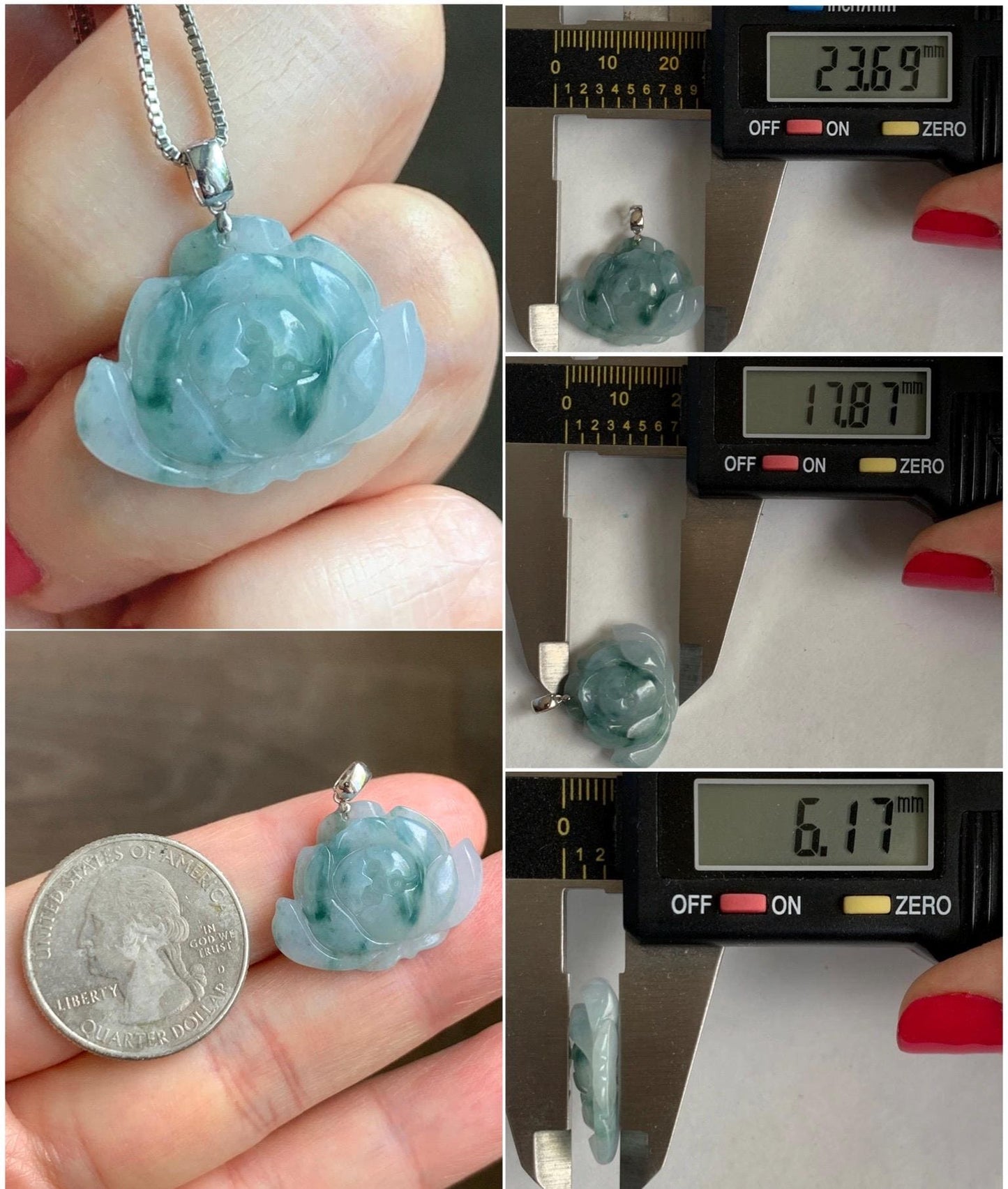 Natural Grade A Icy Translucent Green Marbled Jade Jadeite Carved Lotus Flower Pendant 18K White Gold 4g 天然冰飘花翡翠莲花镶嵌吊坠 MPLH176B