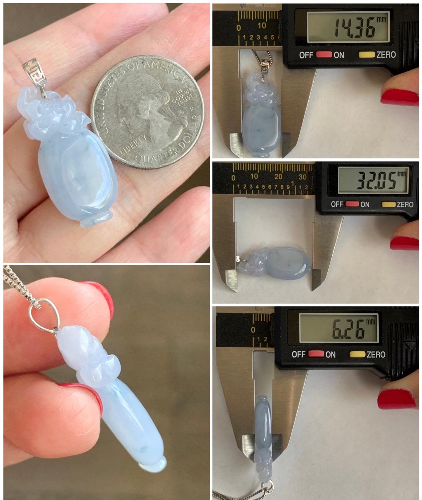 Natural Grade A Icy Translucent Gelatinous Pastel Purple Jade Jadeite Lotus Flower Vase Pendant 18K White Gold 5g 天然冰胶淡蓝紫飘花翡翠莲花宝瓶吊坠 MHP376A