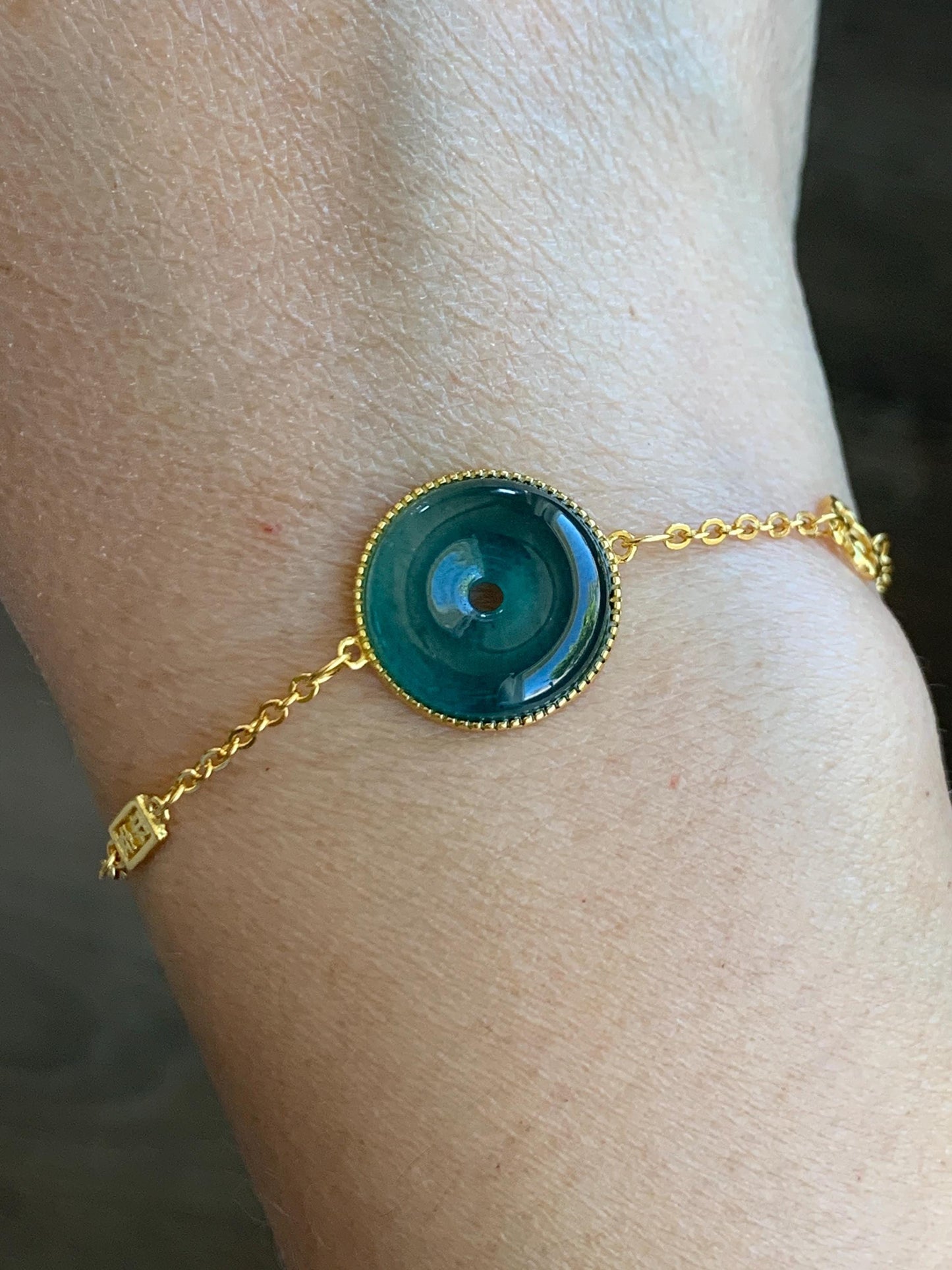 Natural Grade A Guatemalan Icy Translucent Dark Teal Blue Jade Jadeite Ping An Kou Donut Chain Bracelet Sterling Silver 天然冰危蓝绿翡翠平安扣银手链 PAK96
