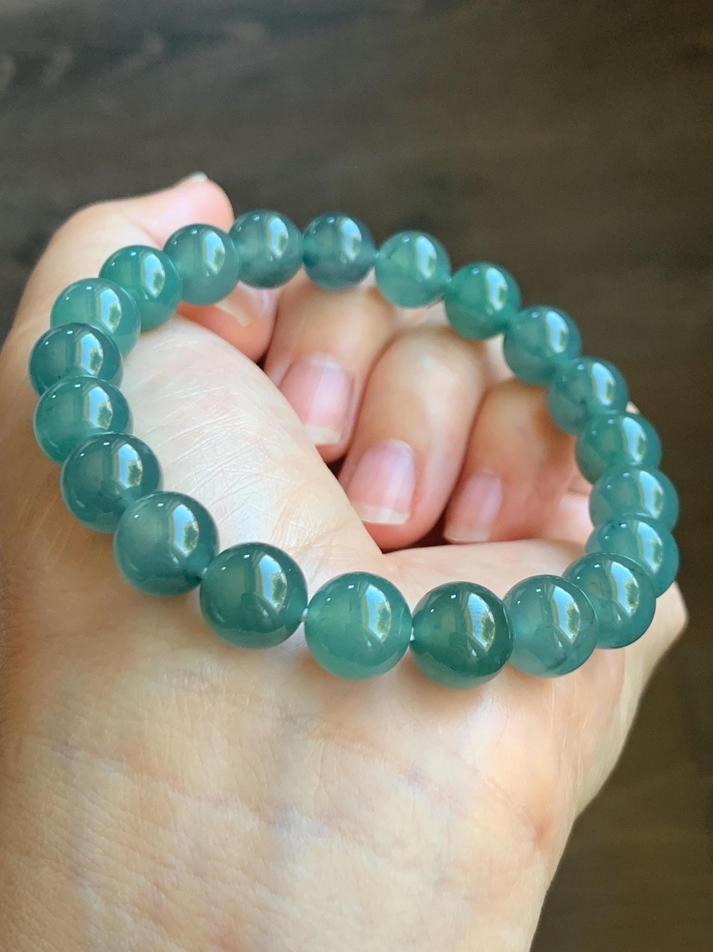 Natural Grade A Guatemalan Icy Highly Translucent Gelatinous Teal Green Jade Jadeite Beaded Bracelet 10mm 8” 36g 天然冰危蓝绿翡翠圆珠手串 WXL330