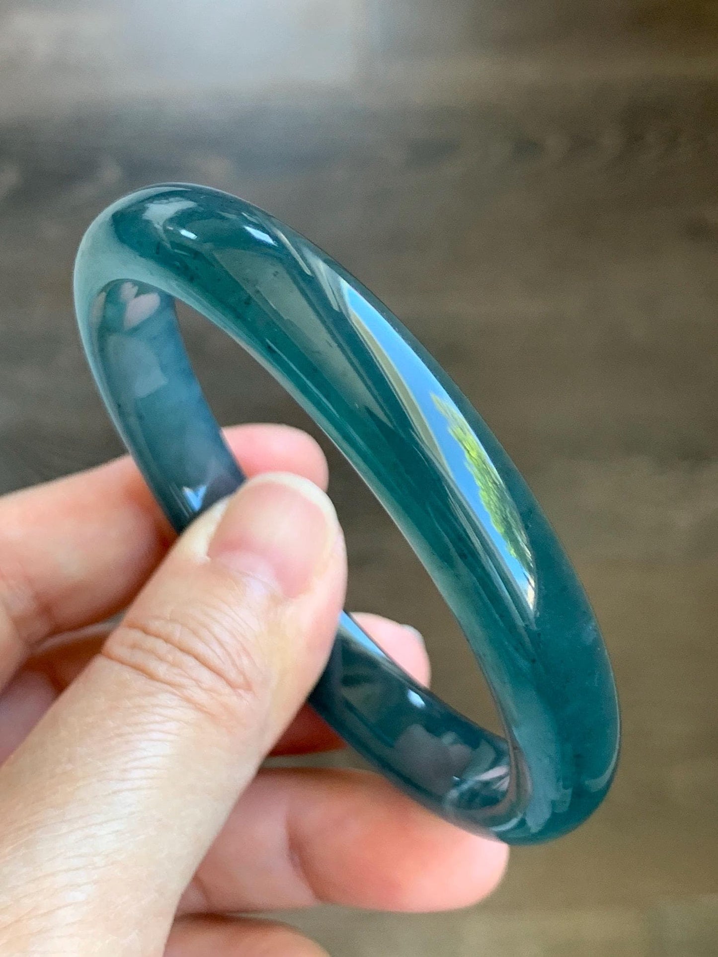 Certified Natural Grade A Guatemalan Icy Translucent Gelatinous Dark Teal Blue Jade Jadeite Bangle 58.63mm 7.25" 天然老种冰胶危蓝绿翡翠正圈手镯 8764