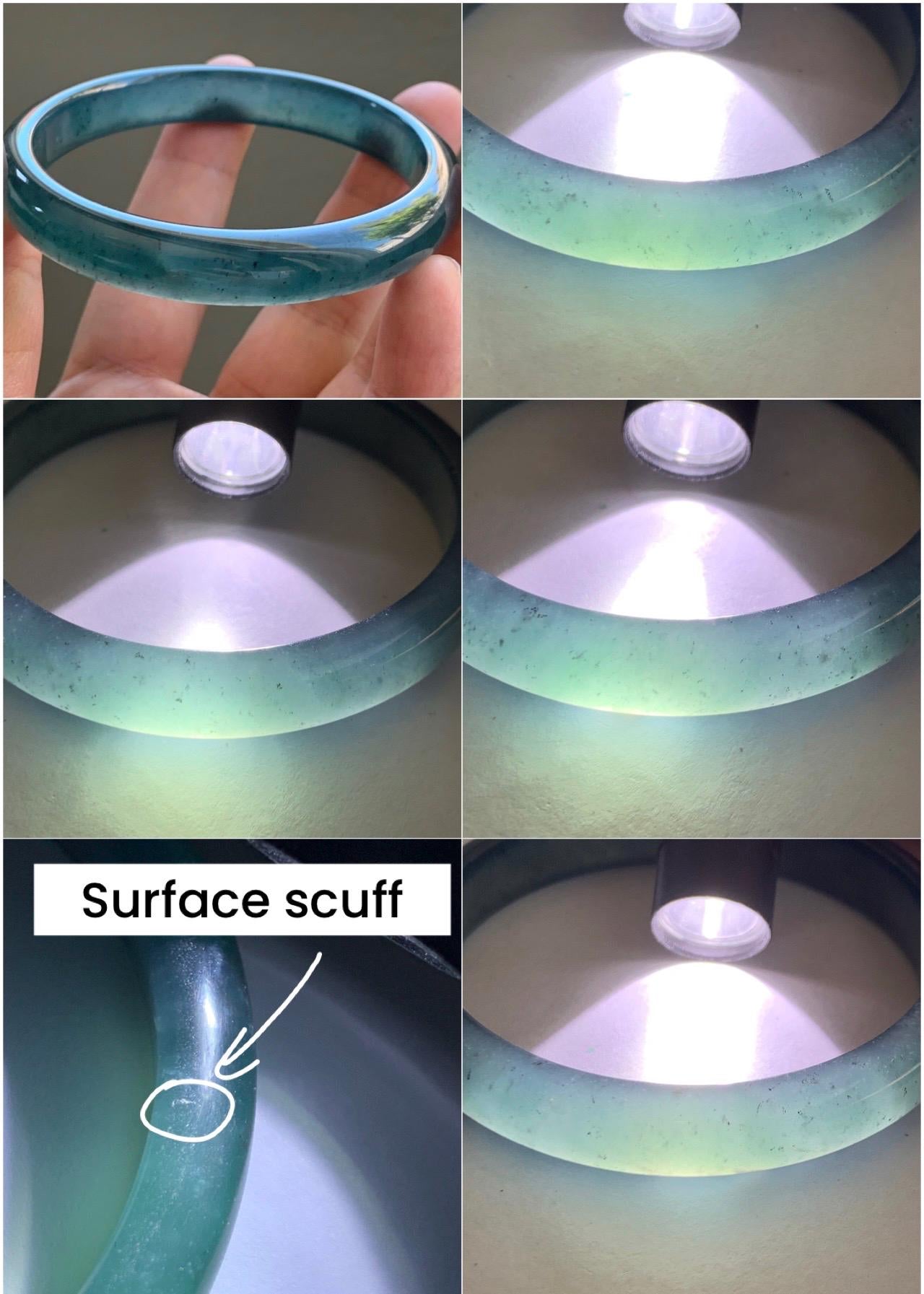 Certified Natural Grade A Guatemalan Icy Translucent Gelatinous Dark Teal Blue Jade Jadeite Bangle 57.81mm 7.14" 天然老种冰胶危蓝绿翡翠正圈手镯 8766