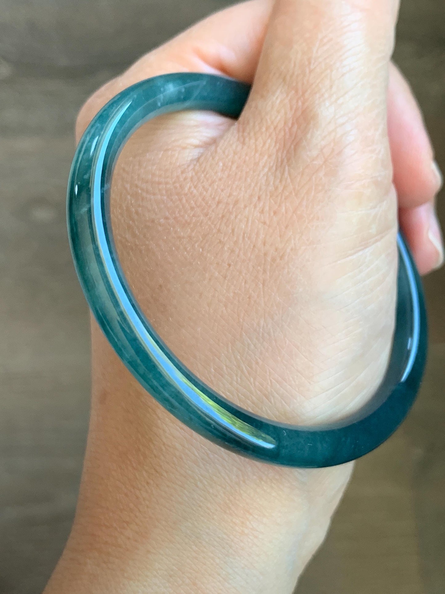 Certified Natural Grade A Guatemalan Icy Translucent Dark Teal Blue Jade Jadeite Slim Bangle 57.58mm 7.11” 天然冰胶危深蓝翡翠细圆条手镯 8774